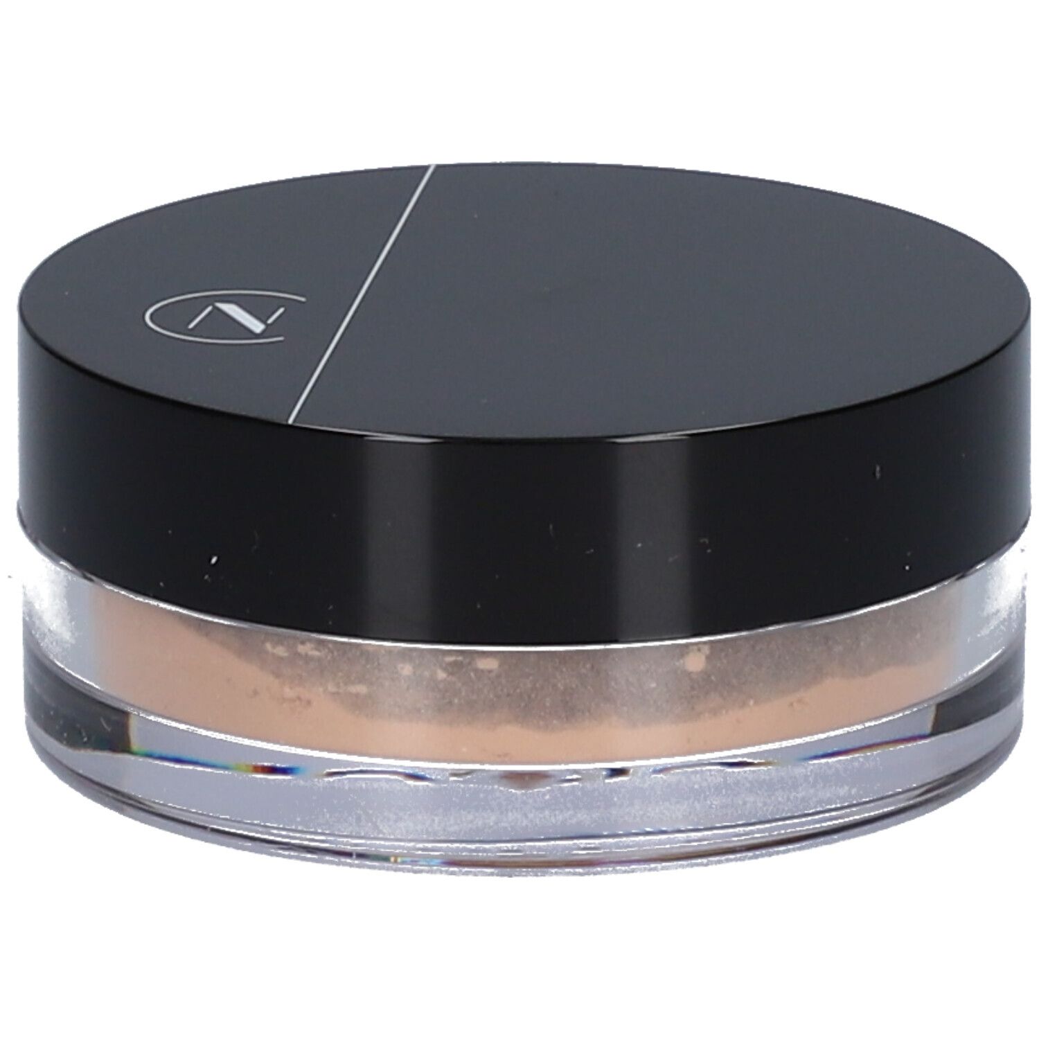 Pot rond de poudre teintée. Couvercle noir avec logo. Inscription: LES COULEURS DE NOIR.