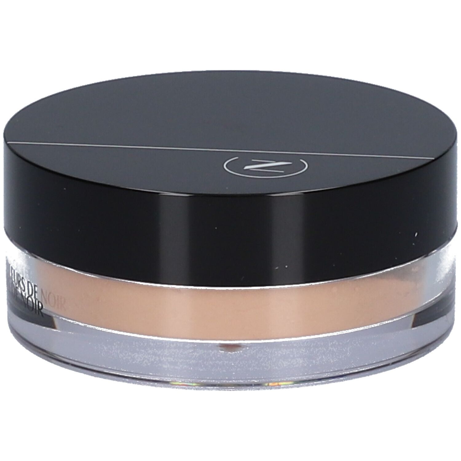 Pot rond de poudre teintée. Couvercle noir avec logo. Inscription: LES COULEURS DE NOIR.