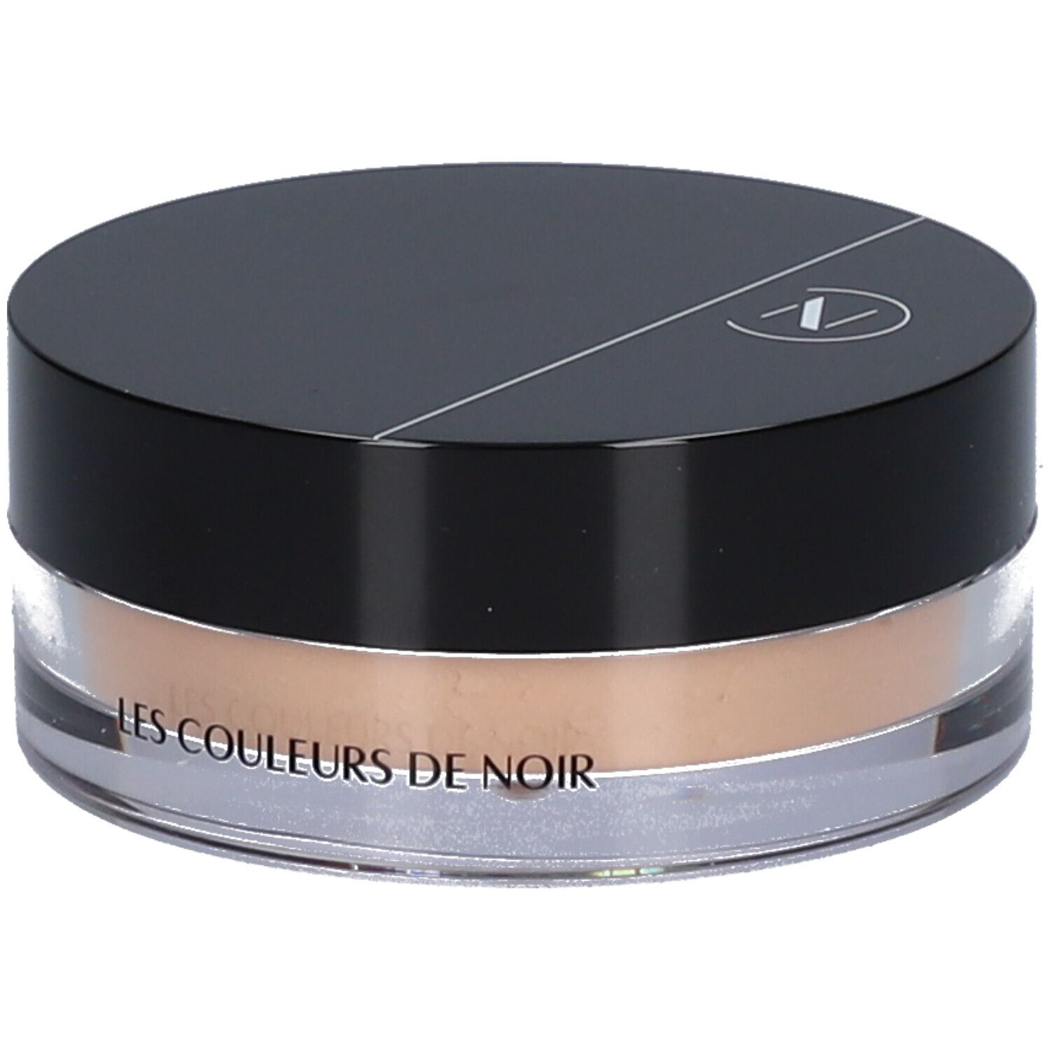 Pot rond de poudre teintée. Couvercle noir avec logo. Inscription: LES COULEURS DE NOIR.