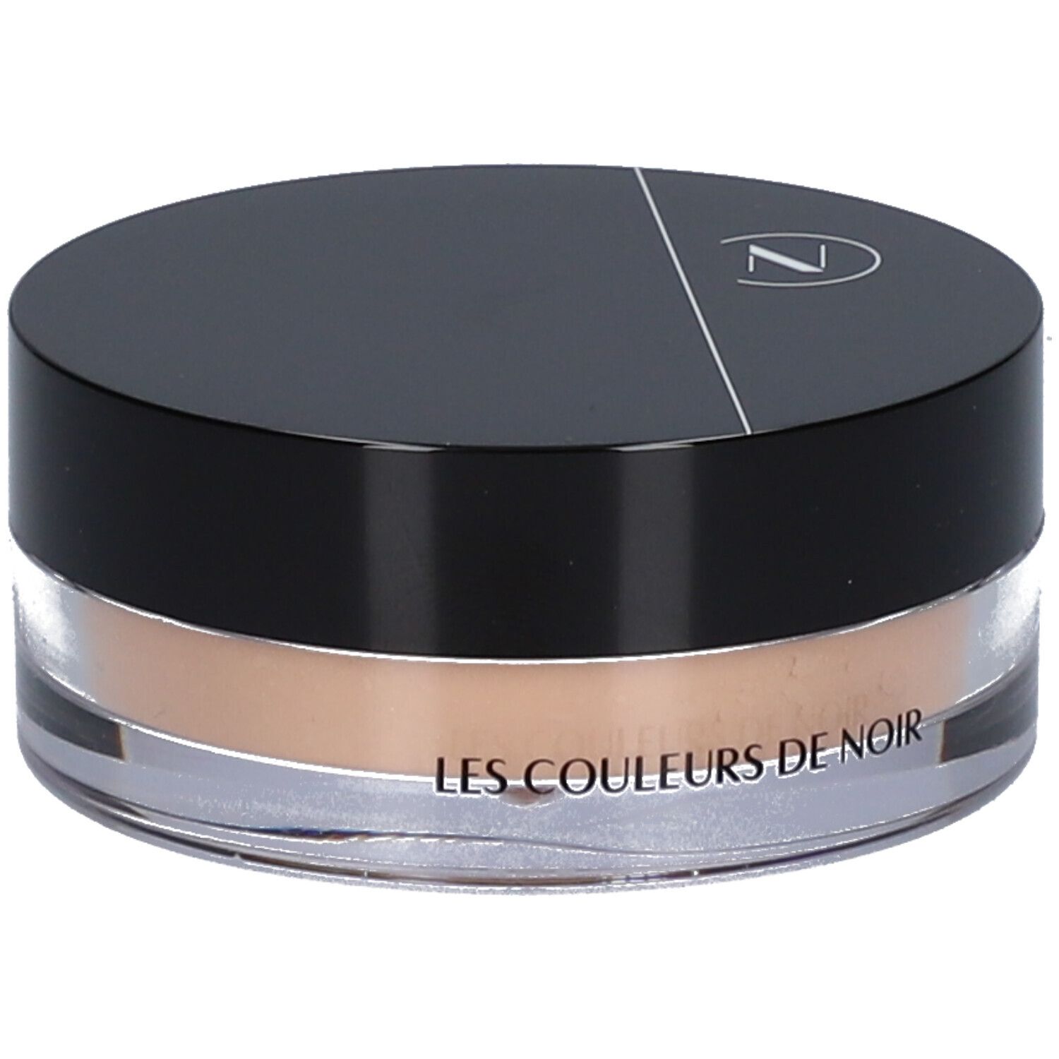 Pot rond de poudre teintée. Couvercle noir avec logo. Inscription: LES COULEURS DE NOIR.