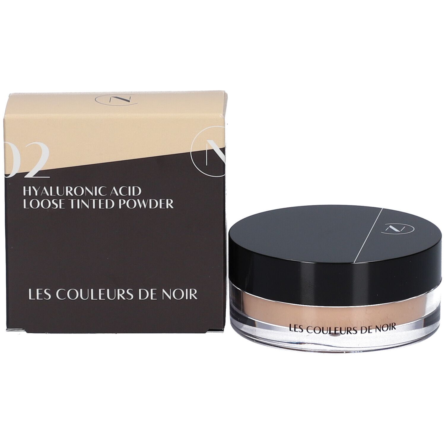 Emballage produit avec poudre et boîte. Inscription: HYALURONIC ACID LOOSE TINTED POWDER, LES COULEURS DE NOIR.