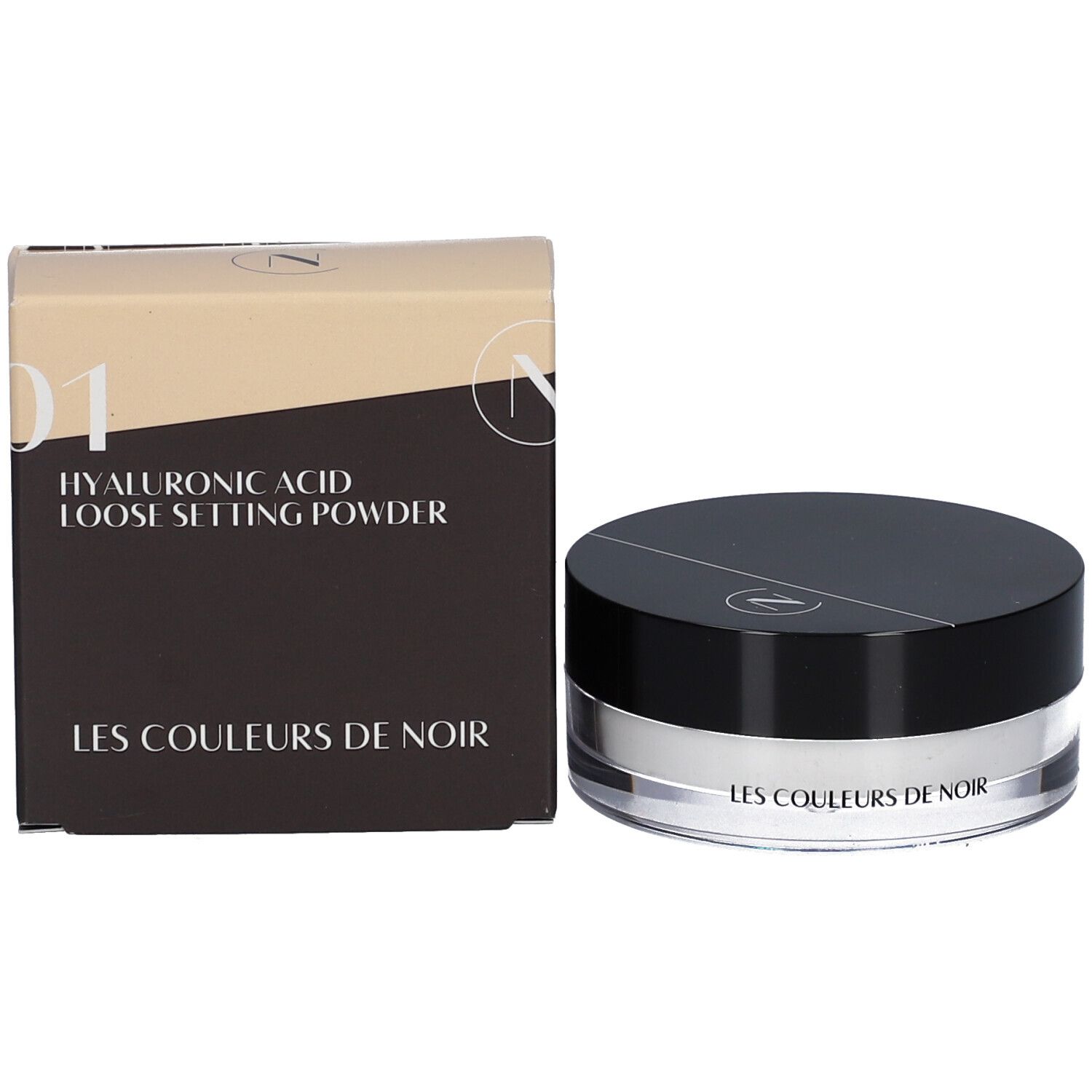 Produktverpackung und Dose. Aufschrift LES COULEURS DE NOIR. Dose mit schwarzem Deckel. Karton mit Produktinformationen.