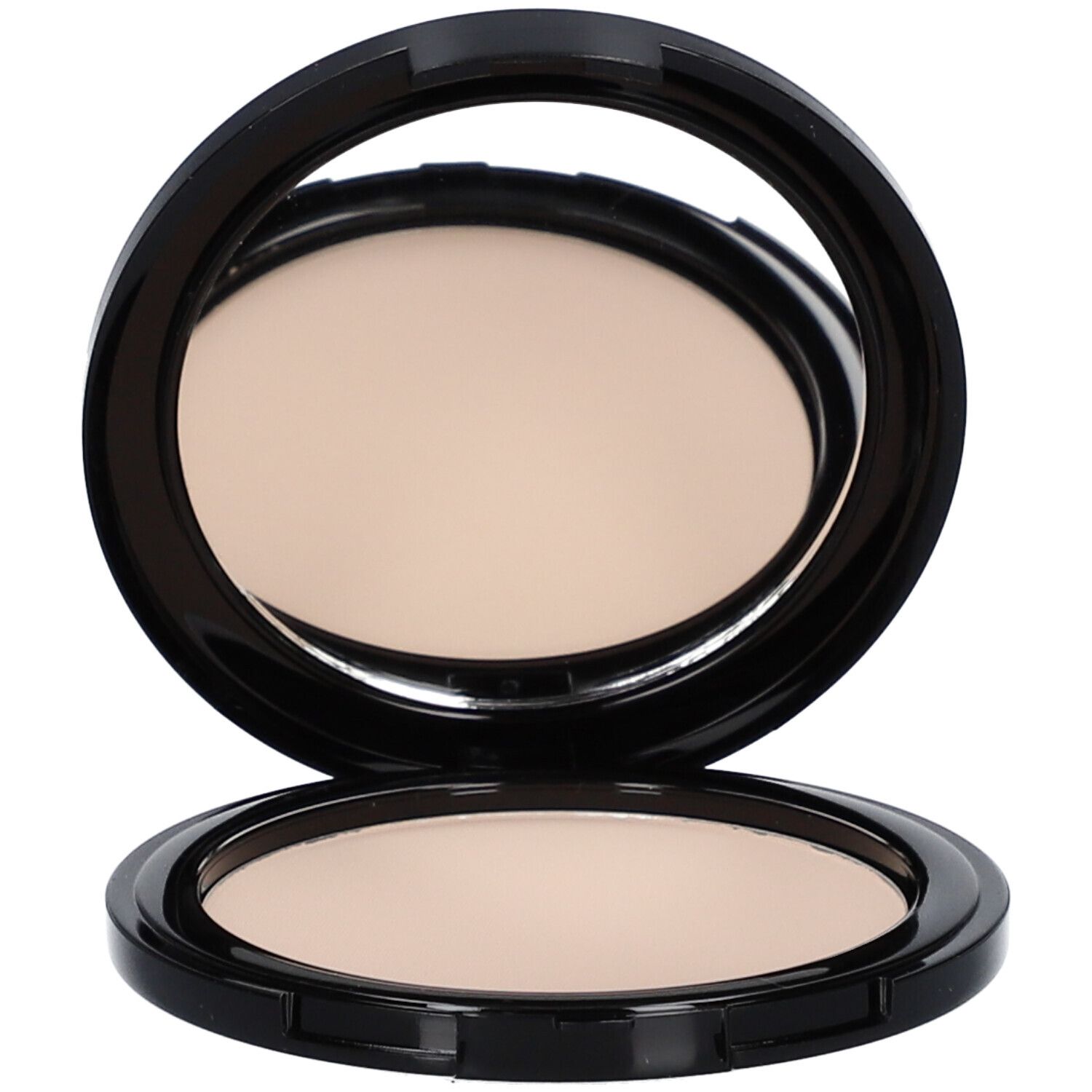 Kompaktpuder mit Spiegel. Schwarzes Gehäuse, runder Form. Puder in hellem Beige. Spiegel im Deckel.