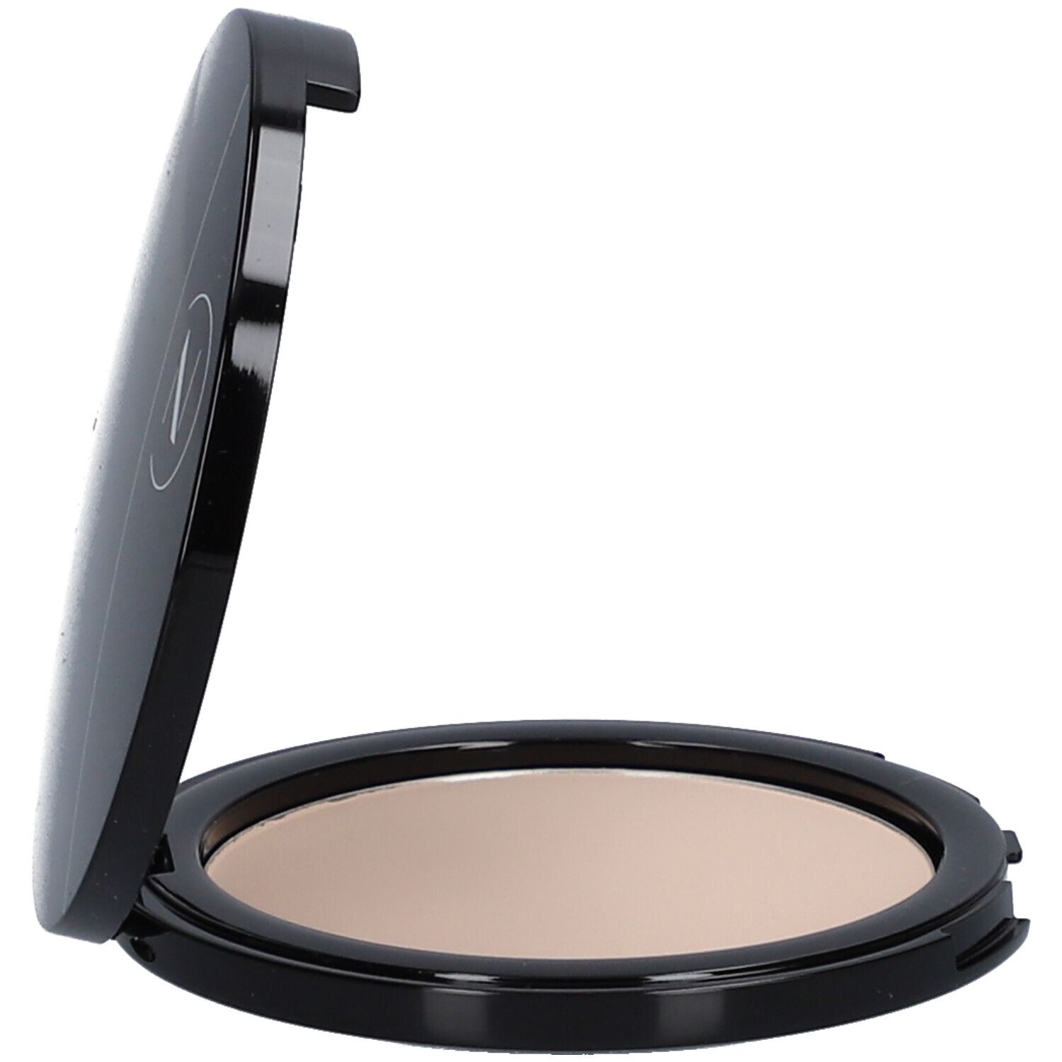 Kompaktpuder mit geöffnetem Deckel. Schwarzes Gehäuse, runde Form. Puder in hellem Beige. Deckel geöffnet.