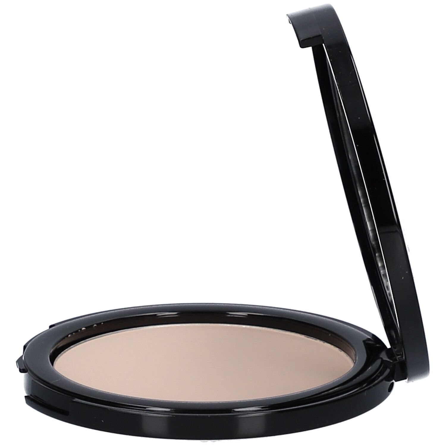 Kompaktpuder mit geöffnetem Deckel. Schwarzes Gehäuse, runde Form. Puder in hellem Beige. Deckel geöffnet.