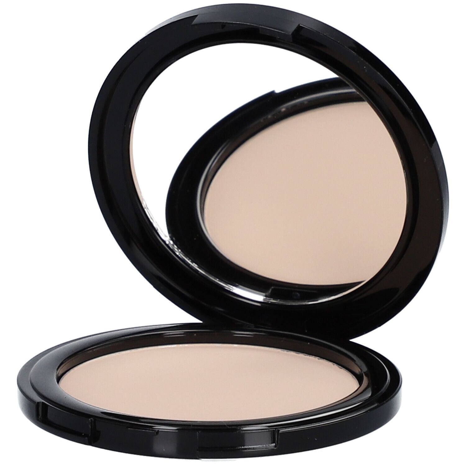 Kompaktpuder mit Spiegel. Schwarzes Gehäuse, runde Form. Puder in hellem Beige. Spiegel im Deckel.