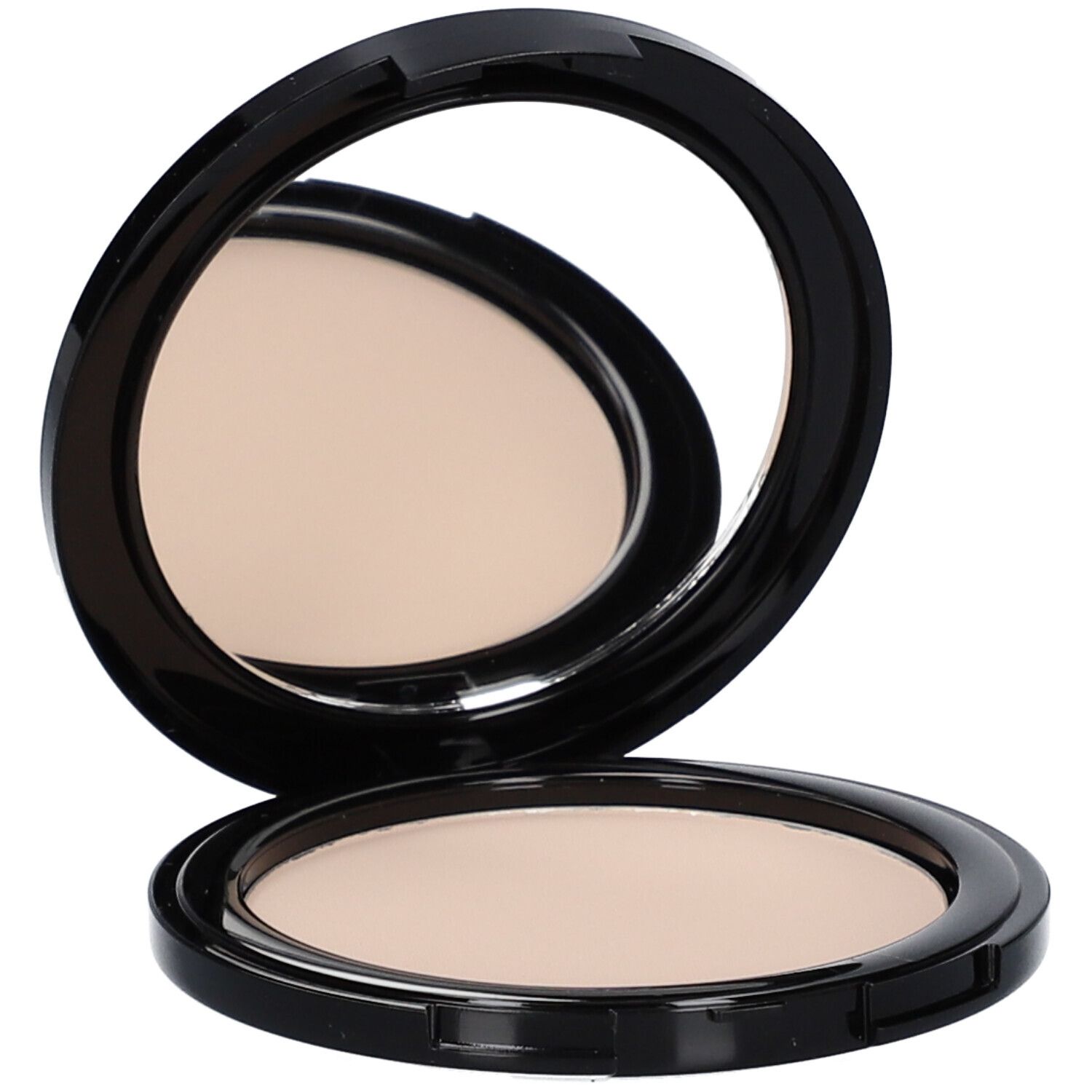 Kompaktpuder mit Spiegel. Schwarzes Gehäuse, runde Form. Puder in hellem Beige. Spiegel im Deckel.