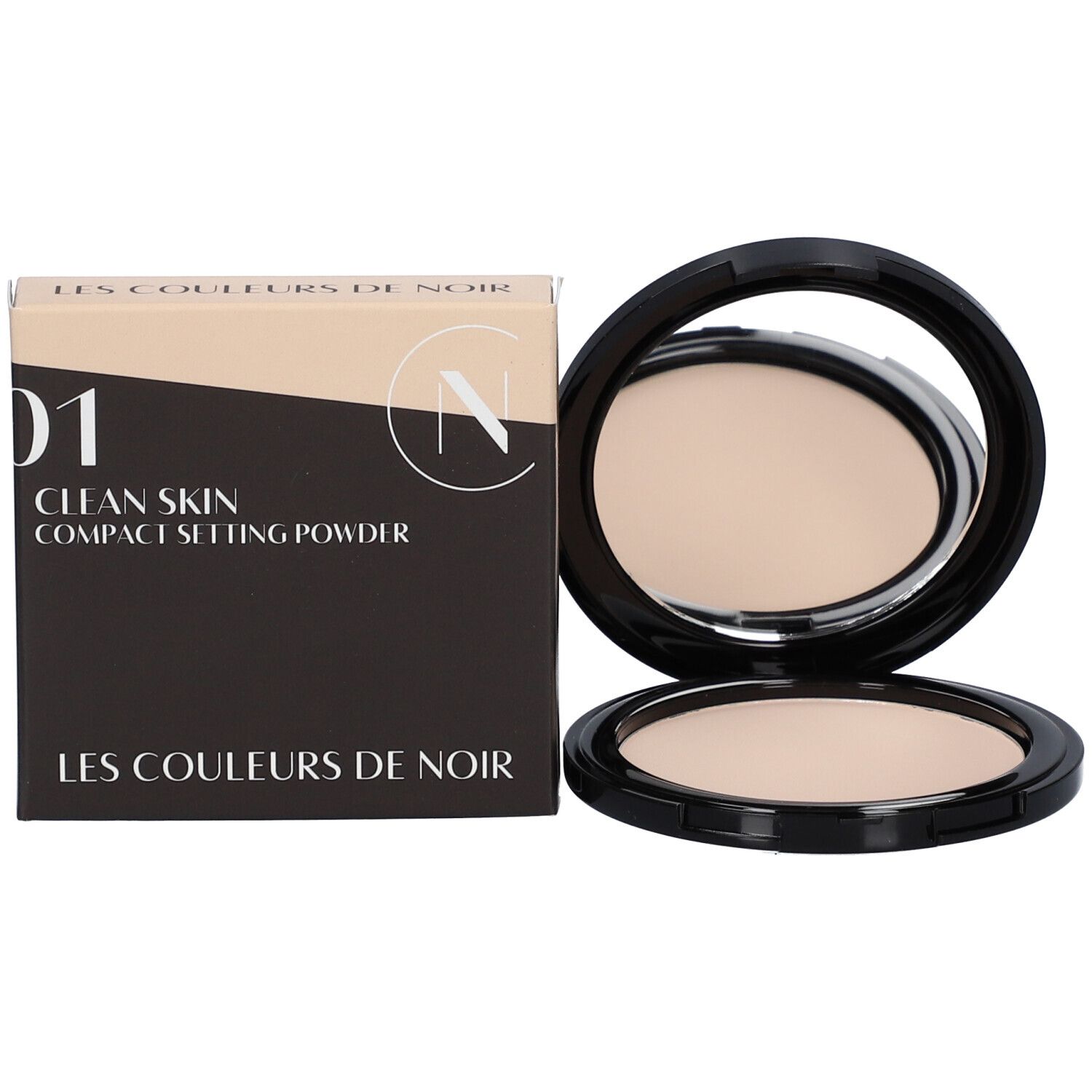 Kompaktpuder mit Spiegel und Verpackung. Schwarzes Gehäuse, runde Form. Puder in hellem Beige. Verpackung daneben.