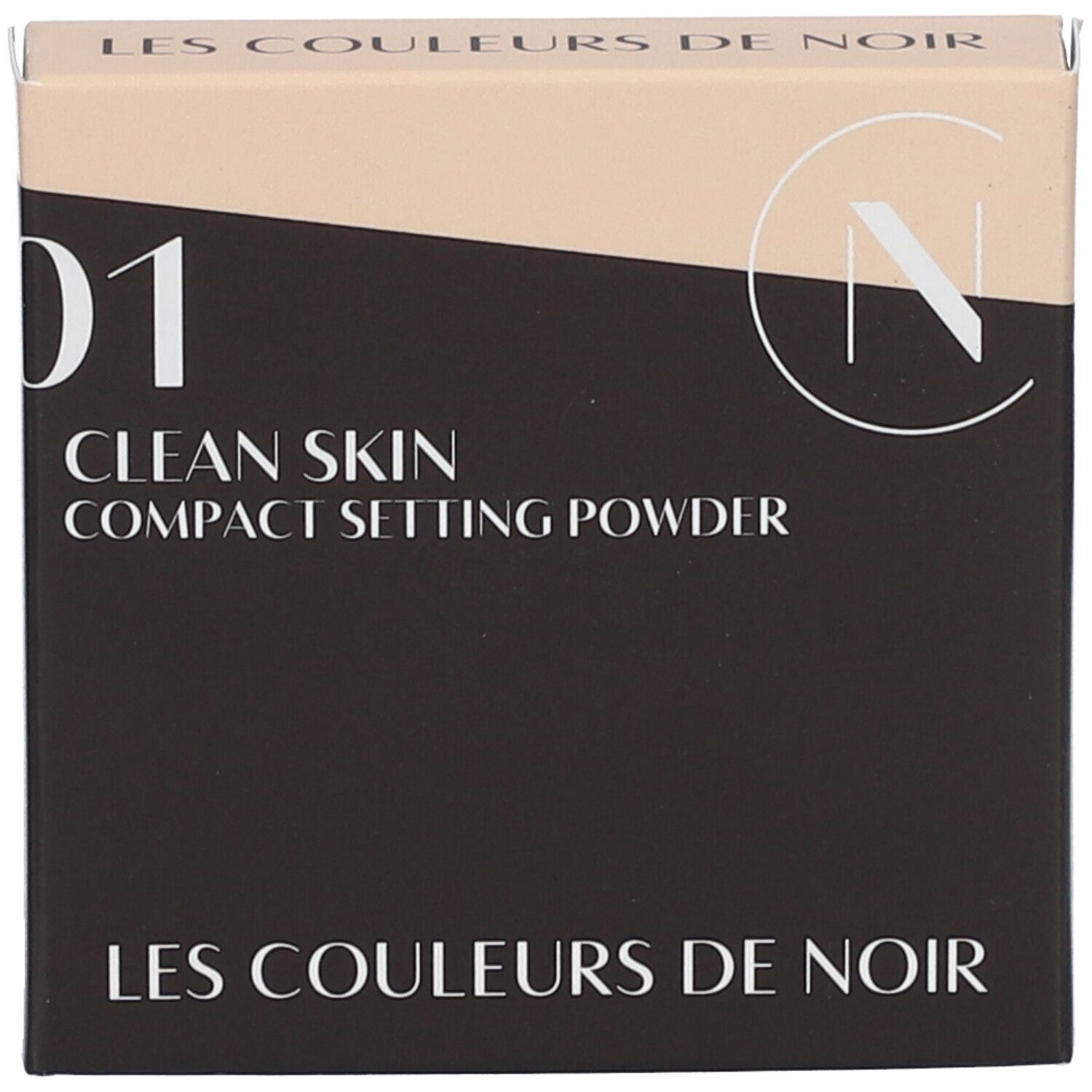 Verpackung für Kompaktpuder. Rechteckige Form, beige und schwarz. Text: 'LES COULEURS DE NOIR' und Produktinformationen.