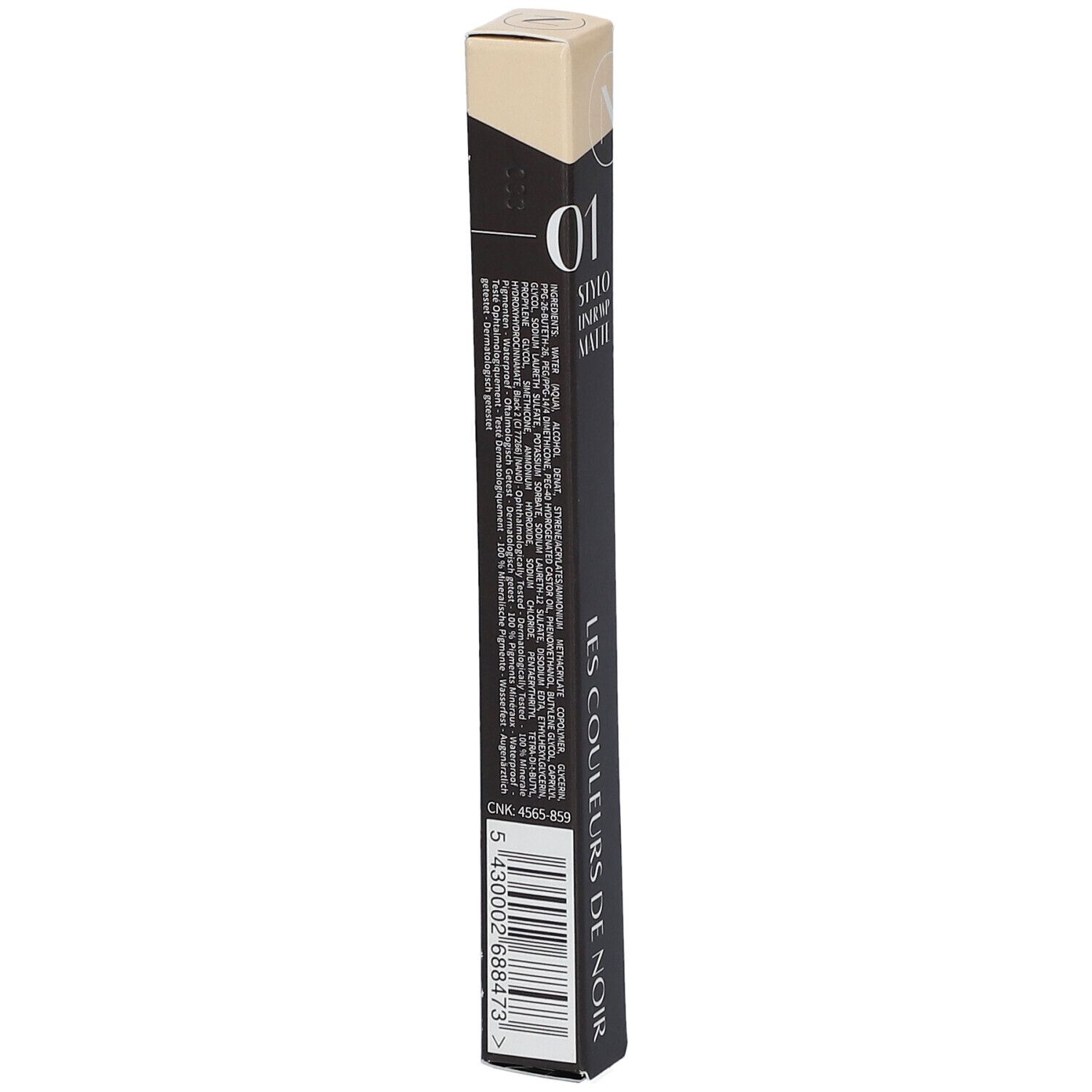 Kajalstift-Verpackung. Aufschrift: 01 Stylo Liner WP Matte. LES COULEURS DE NOIR. Inhaltsstoffe.