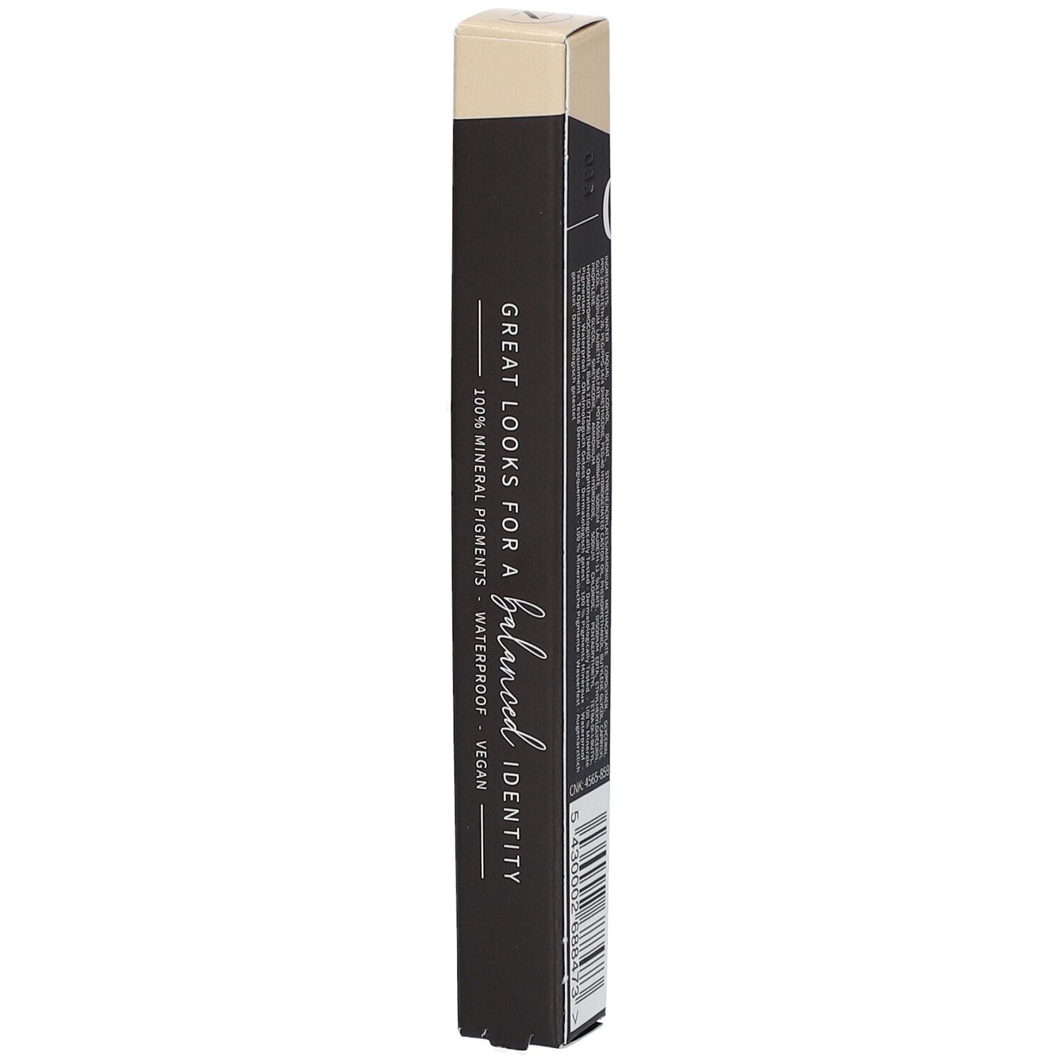 Kajalstift-Verpackung. Aufschrift: GREAT LOOKS FOR A balanced IDENTITY. 100% Mineralpigmente. Waterproof - Vegan.
