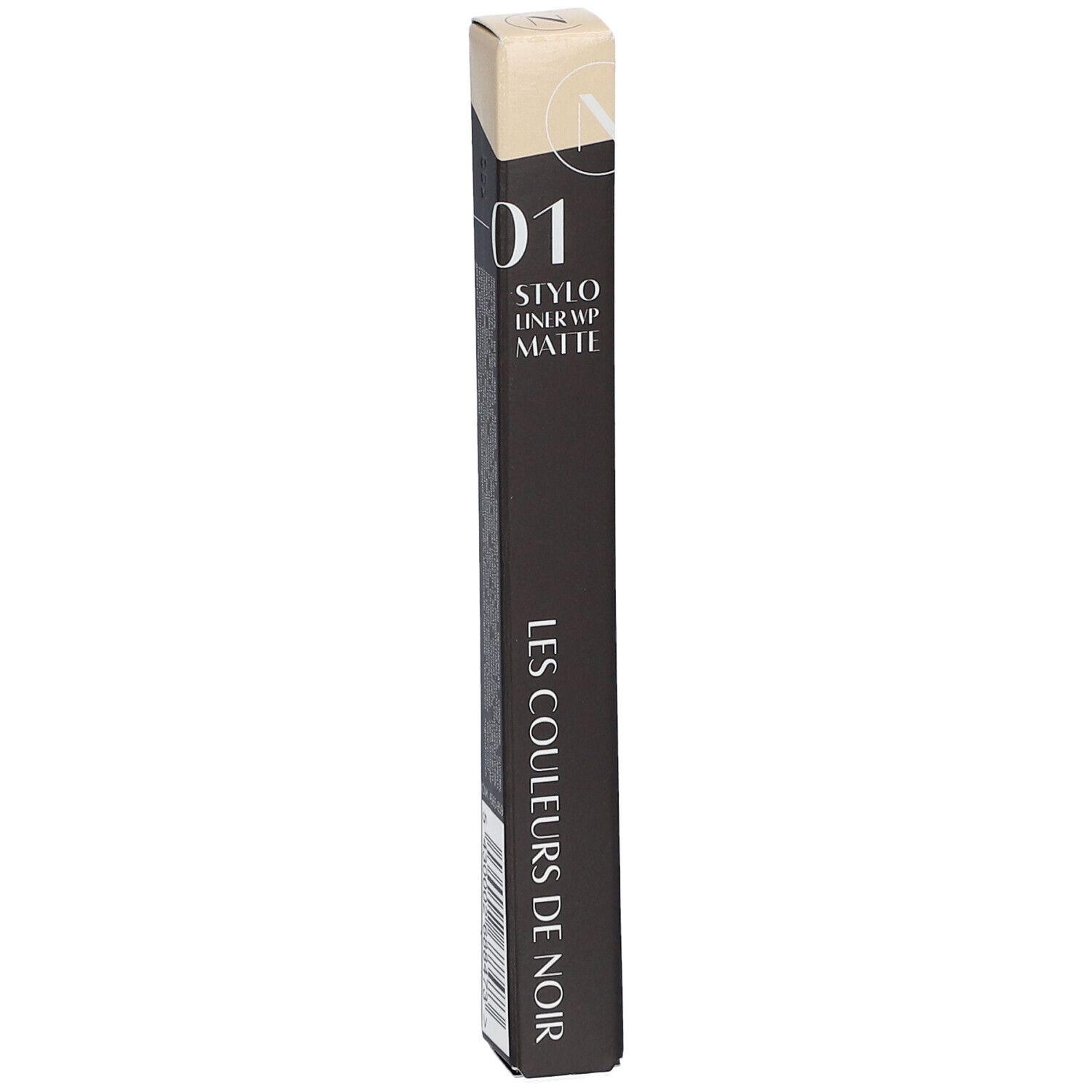 Kajalstift-Verpackung. Aufschrift: 01 Stylo Liner WP Matte. LES COULEURS DE NOIR.