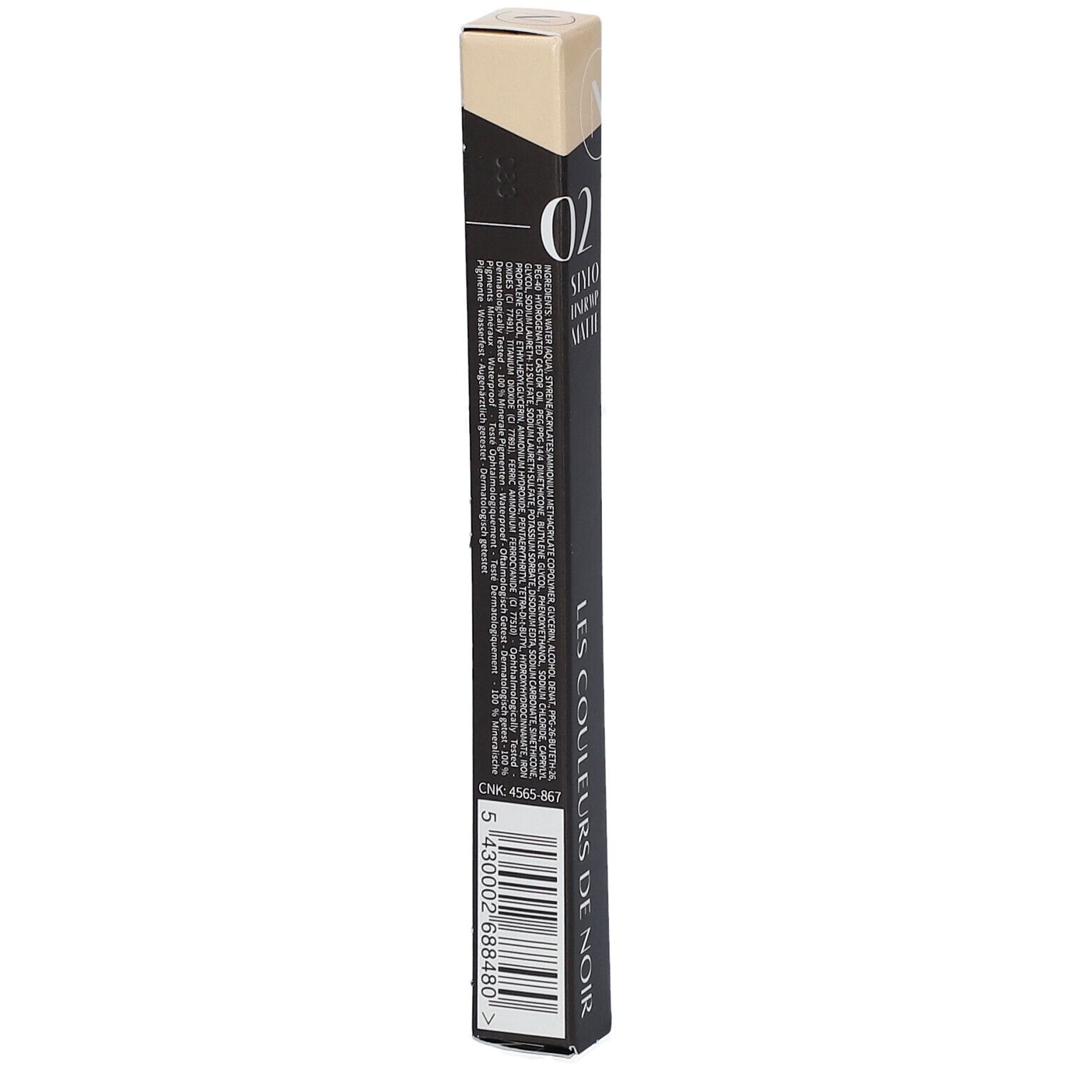 Schwarze Verpackung mit Produktbezeichnung und Logo. Aufschrift: 02 Stylo Liner WP Matte. Marke: Les Couleurs de Noir.