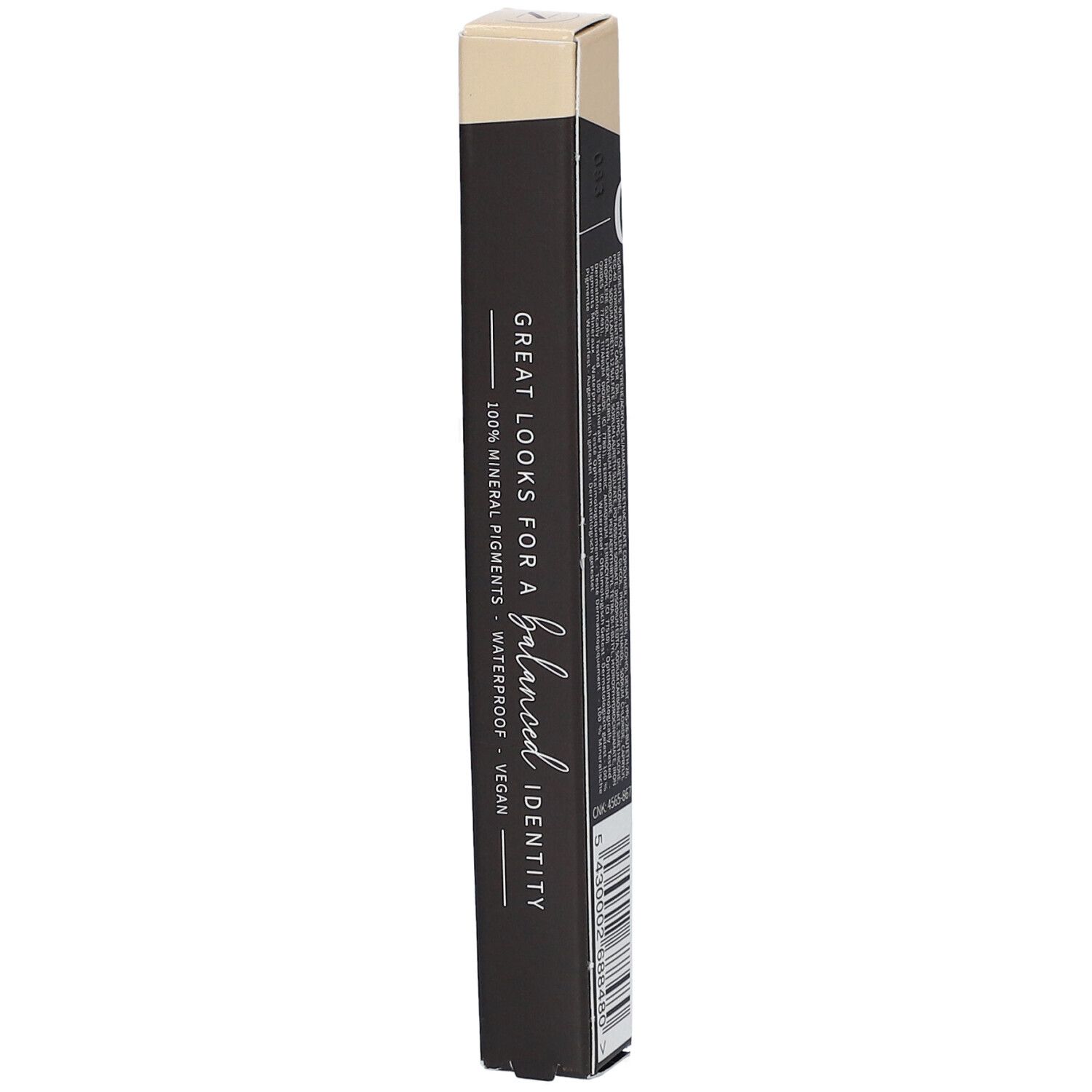 Schwarze Verpackung mit Text: Great Looks for a Balanced Identity. 100% Mineralpigmente, Waterproof, Vegan. Marke: Les Couleurs de Noir.
