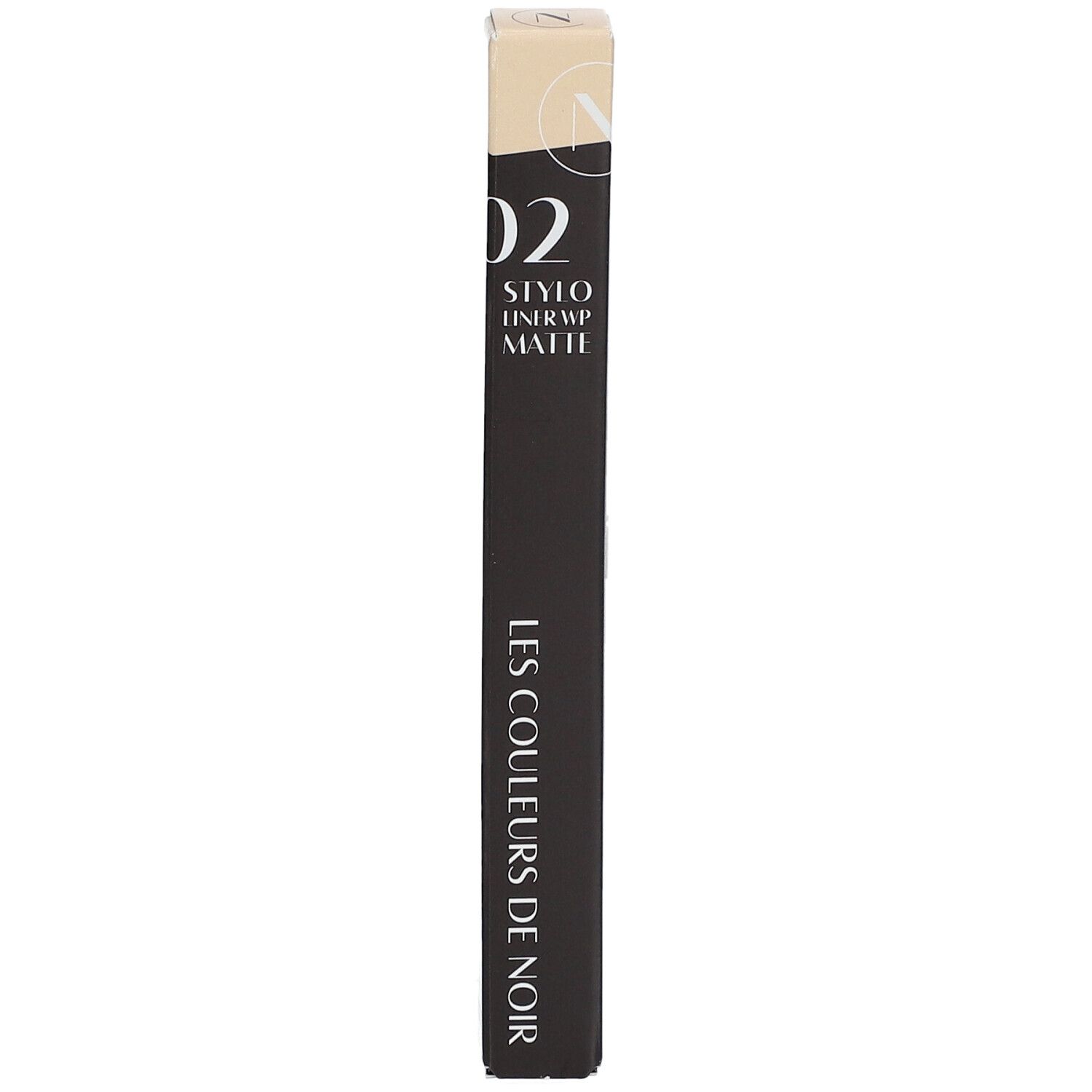 Schwarze Verpackung mit Produktbezeichnung und Logo. Aufschrift: 02 Stylo Liner WP Matte. Marke: Les Couleurs de Noir.