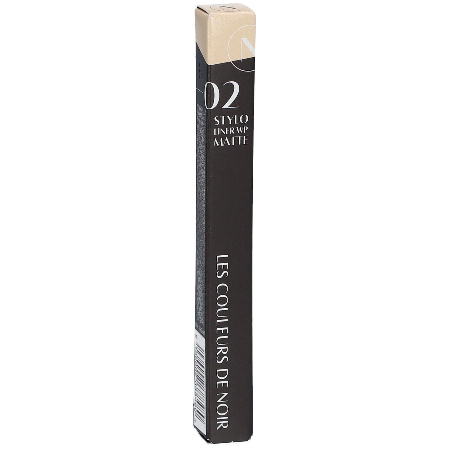 Schwarze Verpackung mit Produktbezeichnung und Logo. Aufschrift: 02 Stylo Liner WP Matte. Marke: Les Couleurs de Noir.