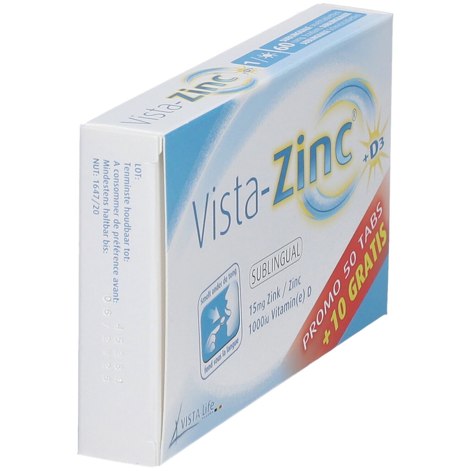 Verpakking Vista-Zinc + D3. Bevat 50 tabletten + 10 gratis. Sublinguaal. Zichtbare tekst.