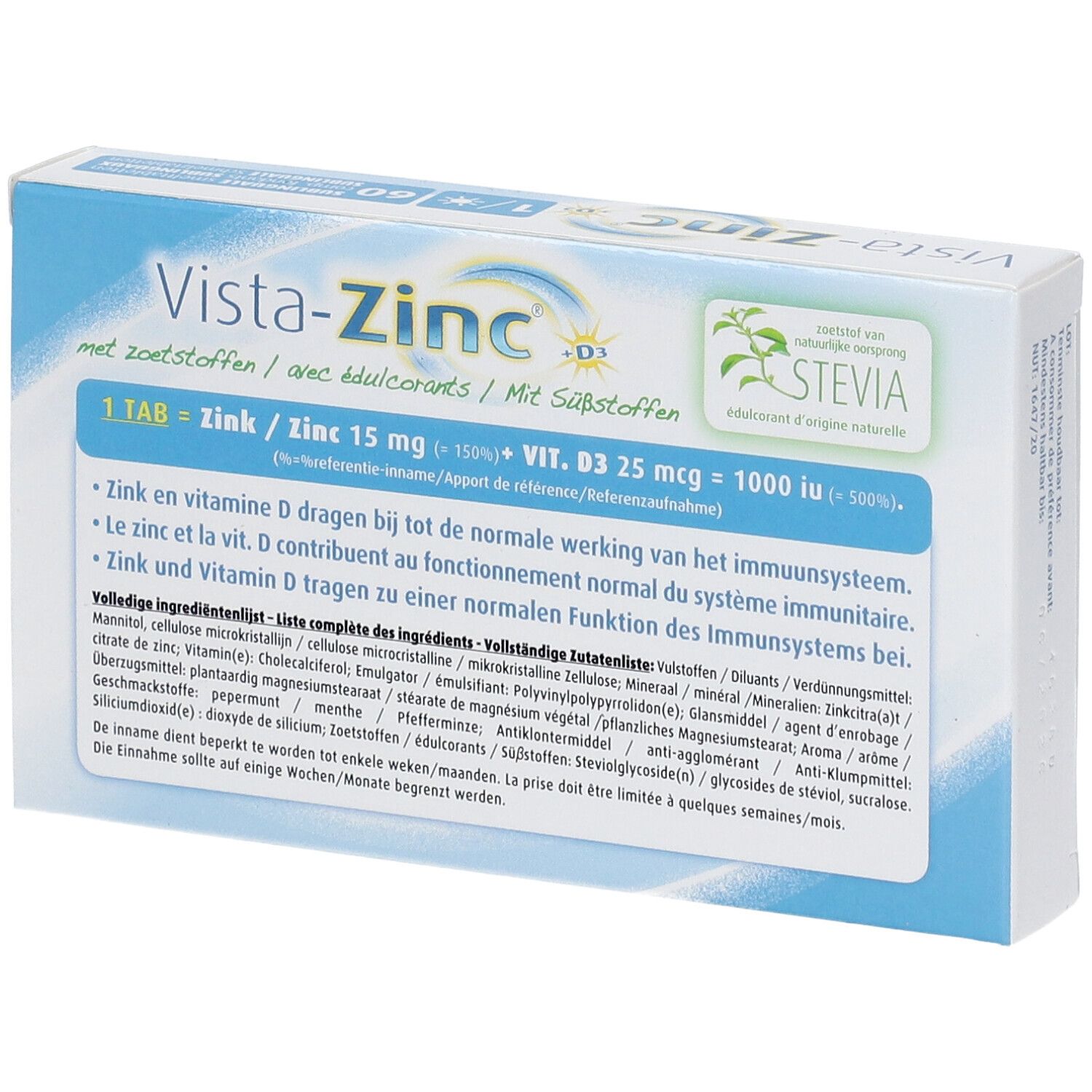 Verpakking Vista-Zinc + D3. Bevat 1 tablet zink 15 mg + Vit. D3 25 mcg. Met stevia.