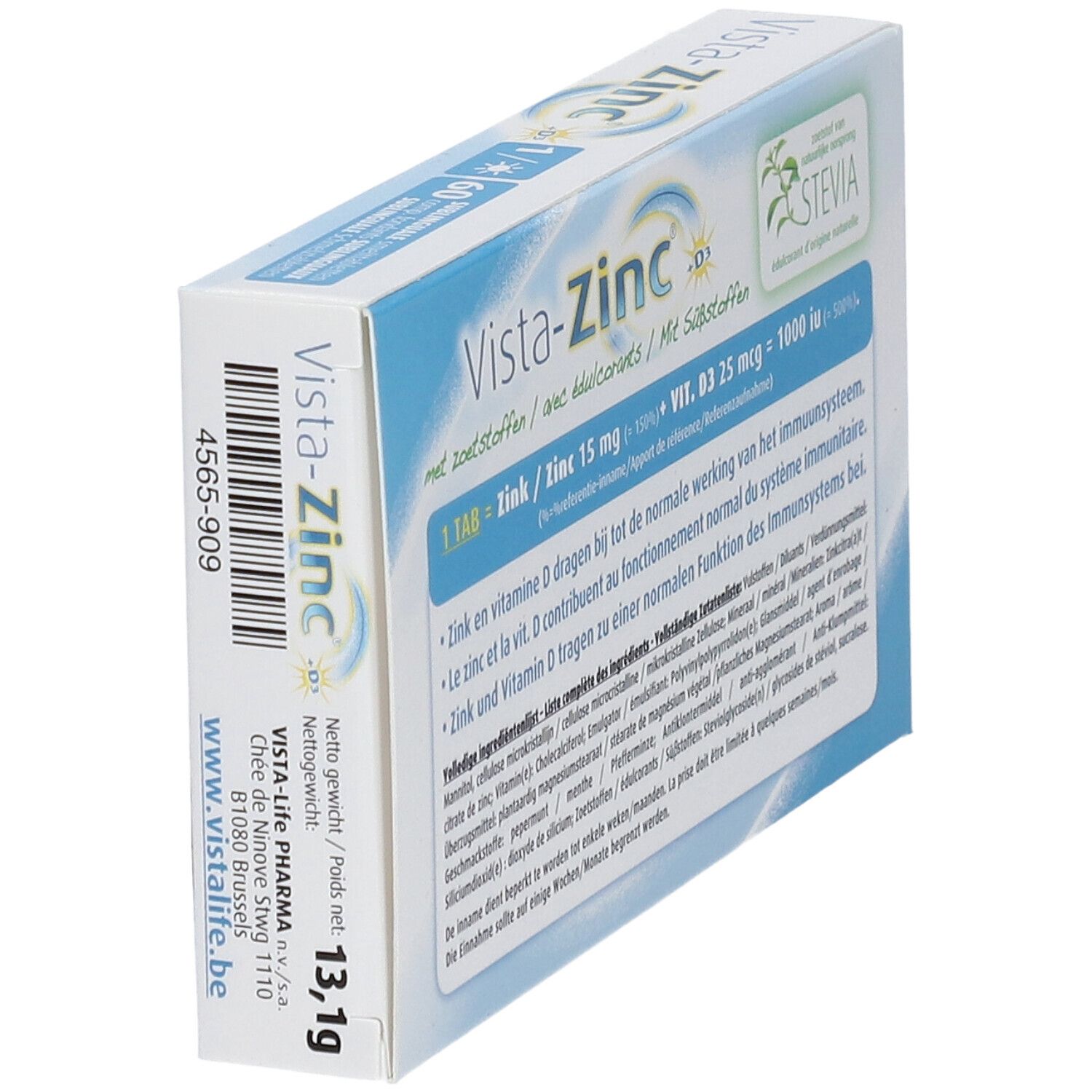 Verpakking Vista-Zinc + D3. Bevat 1 tablet zink 15 mg + Vit. D3 25 mcg. Netto gewicht 13,1g.