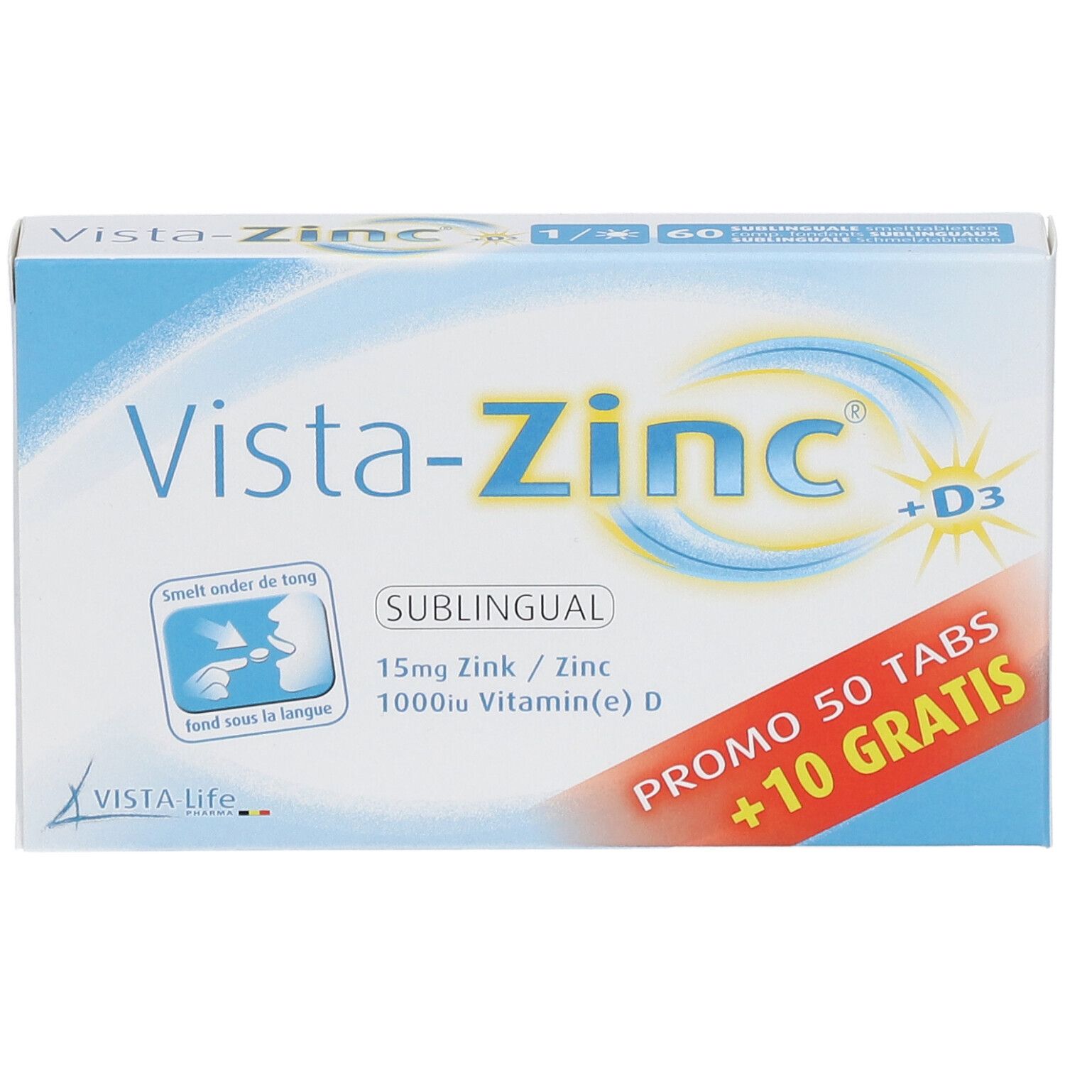 Verpakking Vista-Zinc + D3. Bevat 50 tabletten + 10 gratis. Sublinguaal. Bevat zink en vitamine D3.