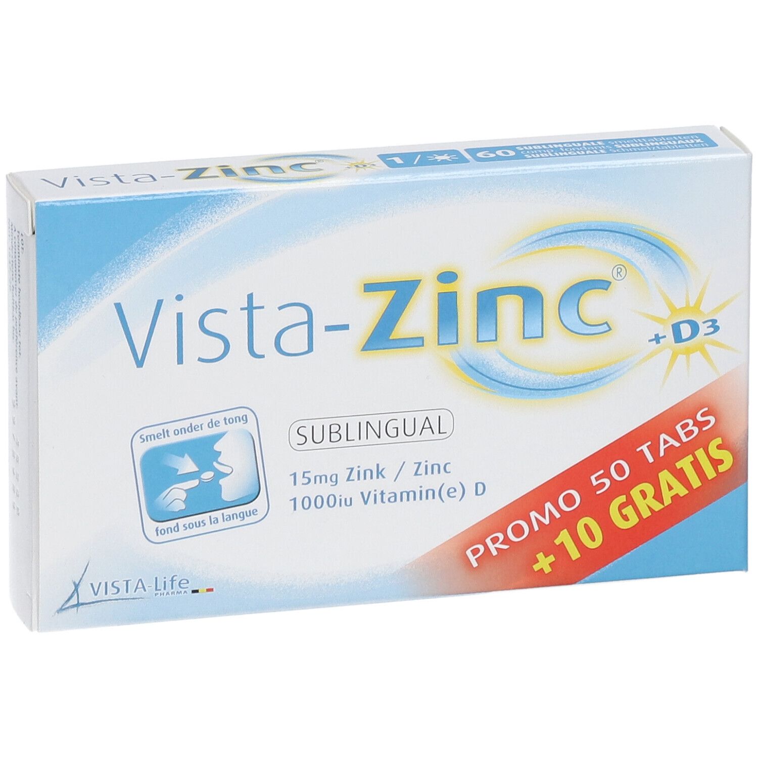 Verpakking Vista-Zinc + D3. Bevat 50 tabletten + 10 gratis. Sublinguaal. Bevat zink en vitamine D3.