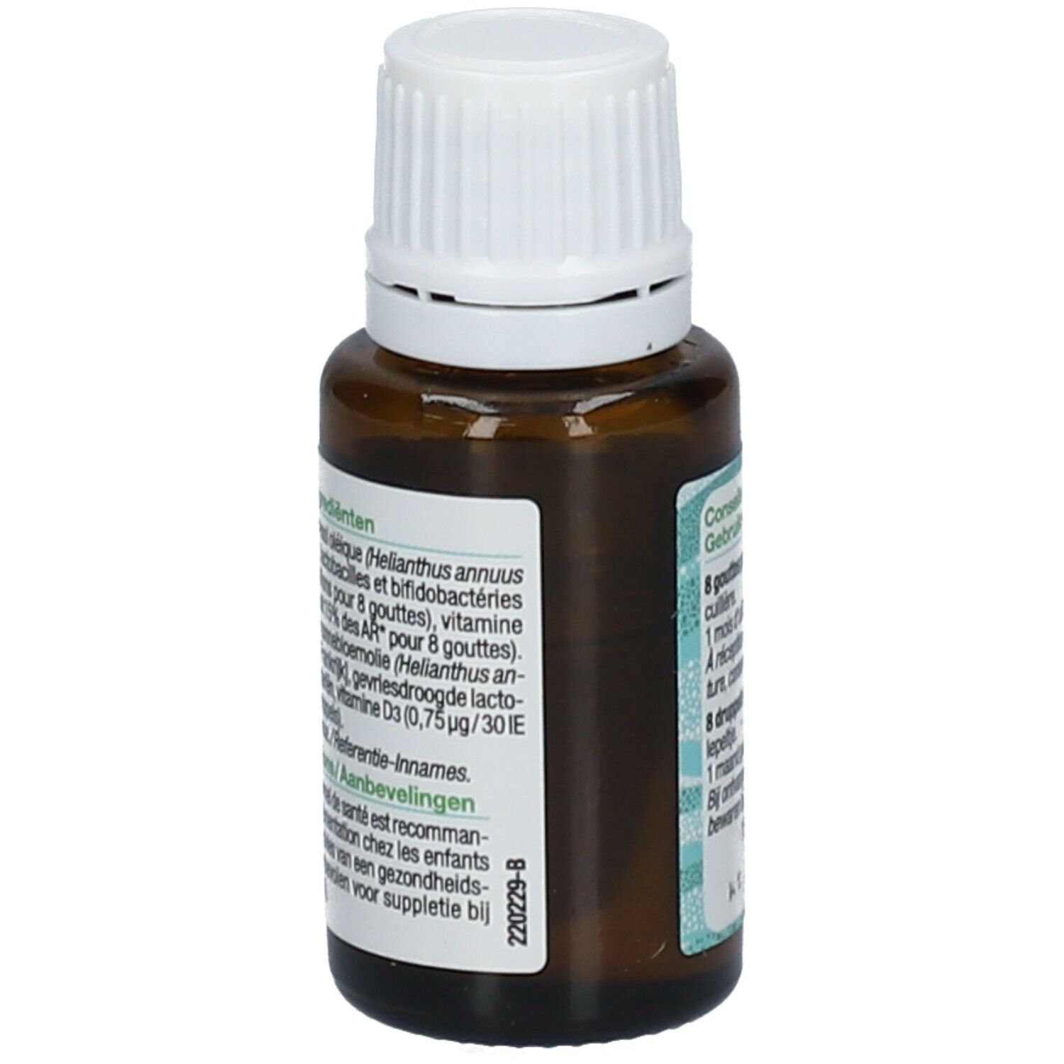 Bruine glazen fles met witte dop. Opschrift: Ingrediënten. Bevat zonnebloemolie, bifidobacteriën, vitamine D3.