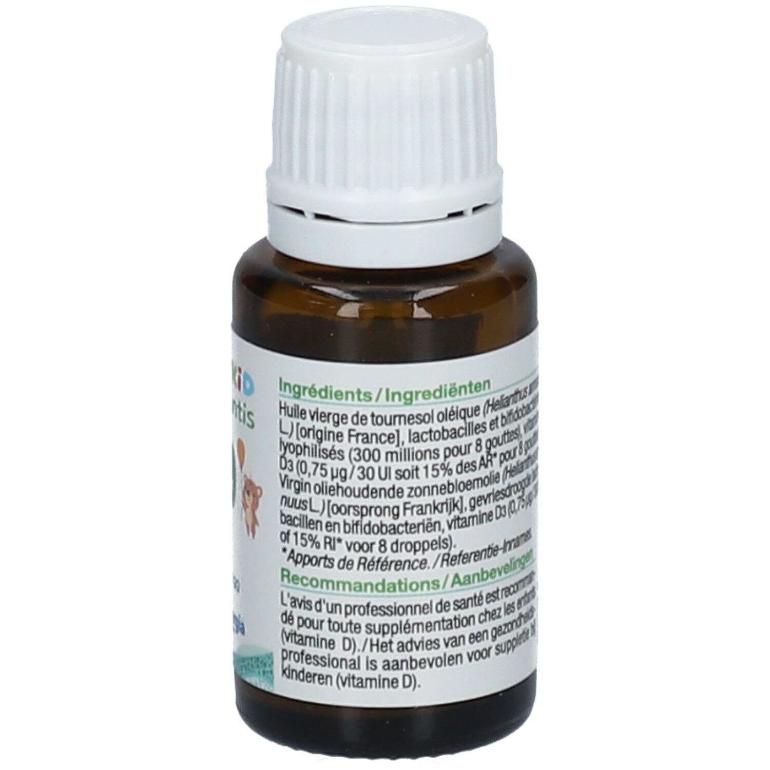 Bruine glazen fles met witte dop. Opschrift: Ingrediënten. Bevat zonnebloemolie, bacteriën, vitamine D3. Herkomst Frankrijk.
