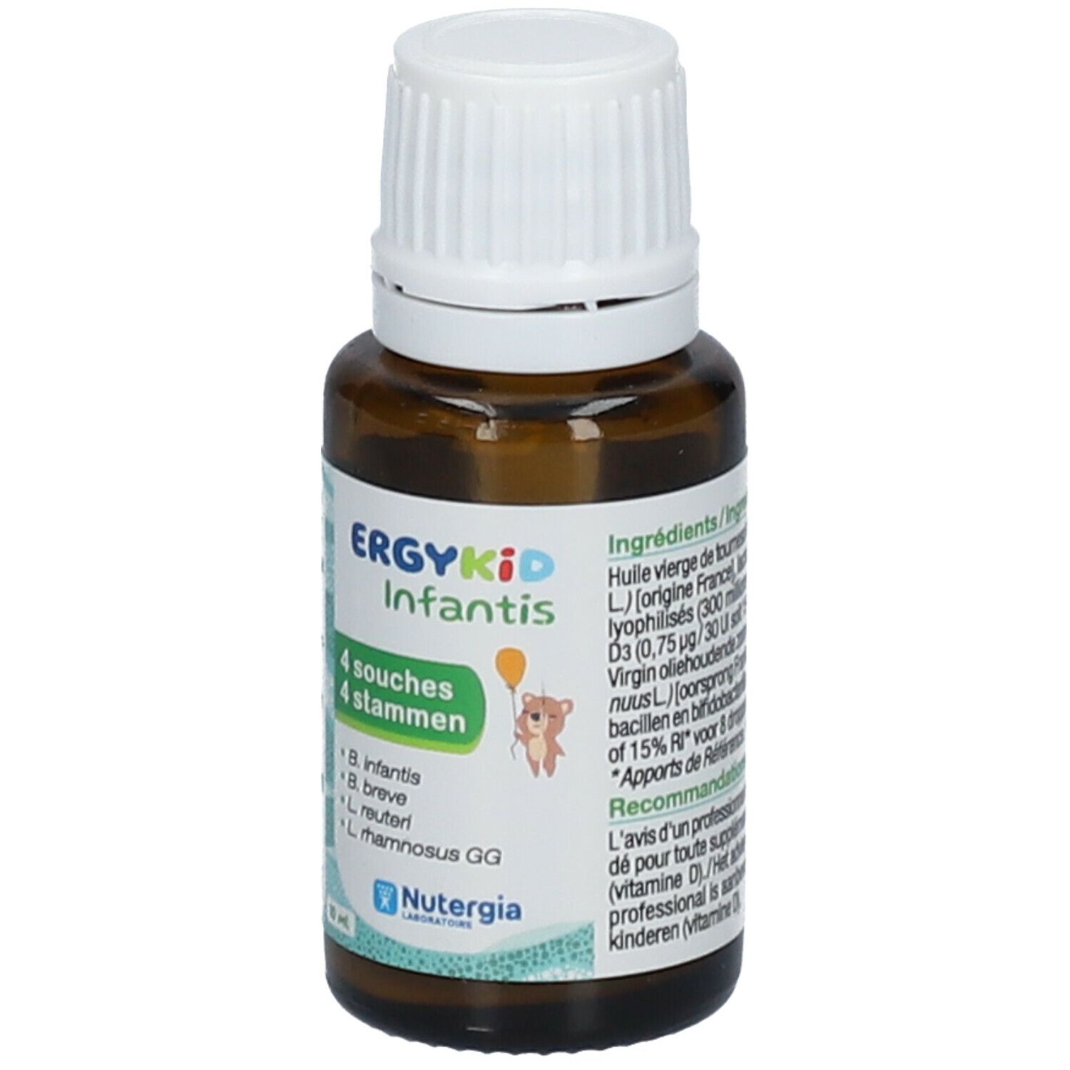Bruine glazen fles met witte dop. Opschrift: ERGYKID Infantis, 4 souches, 4 stammen. Bevat bacteriestammen.