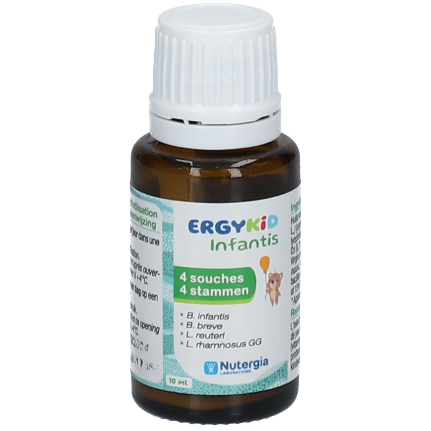Bruine glazen fles met witte dop. Opschrift: ERGYKID Infantis, 4 souches, 4 stammen. Bevat bacteriestammen.