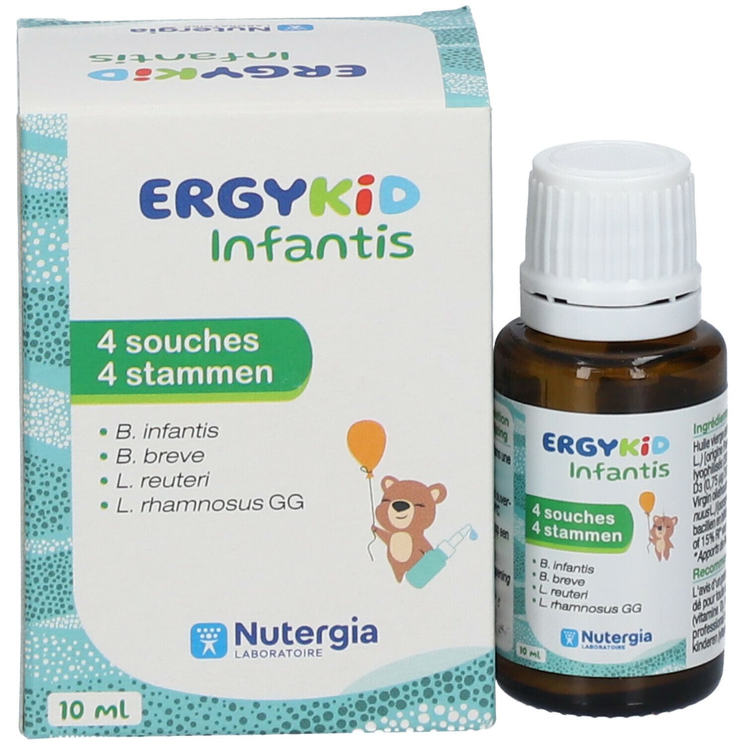 Productverpakking met fles. Opschrift: ERGYKID Infantis, 4 souches, 4 stammen. Bevat bacteriestammen. 10 ml.