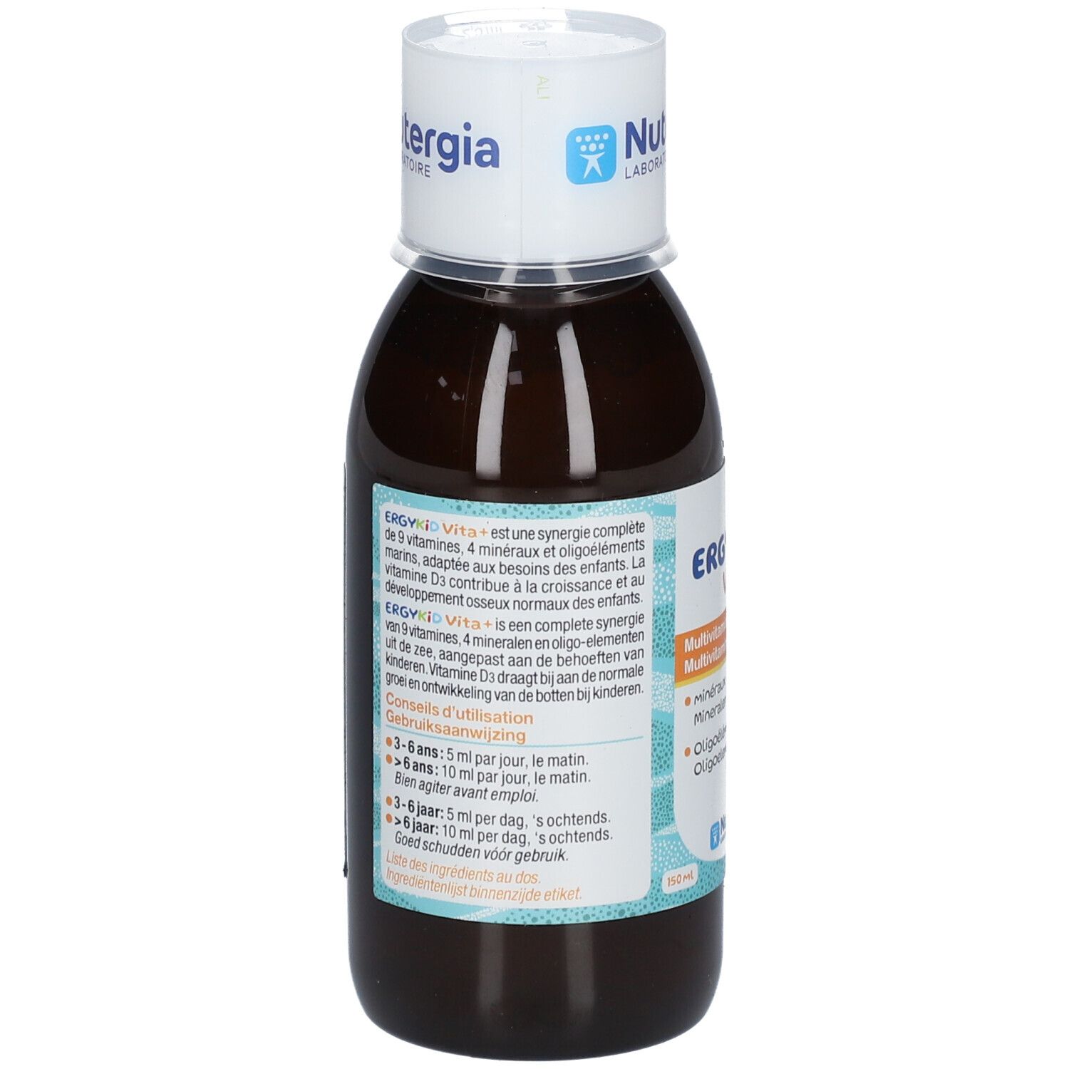 Dos du flacon brun avec bouchon blanc. Texte : ERGYKID Vita+. Marque : Nutergia. Instructions de dosage.