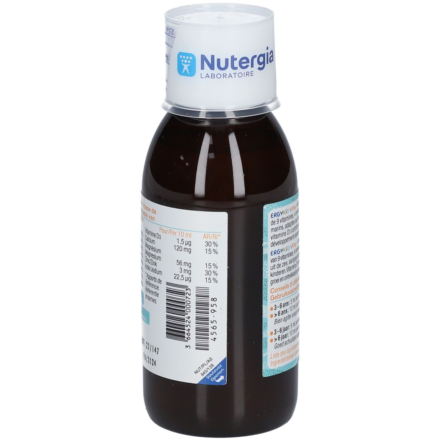 Flacon brun avec bouchon blanc. Inscription : ERGYKID Vita+. Informations nutritionnelles. Marque : Nutergia.