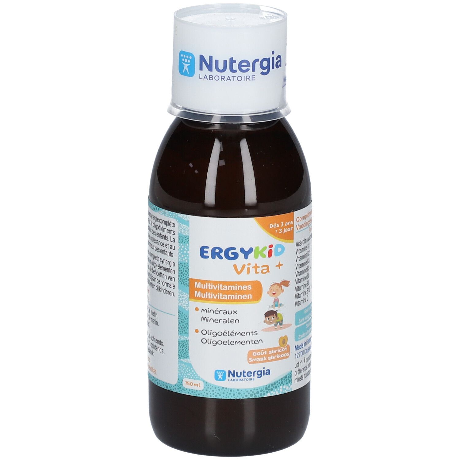 Flacon brun avec bouchon blanc. Inscription : ERGYKID Vita+ Multivitamines. Marque : Nutergia.