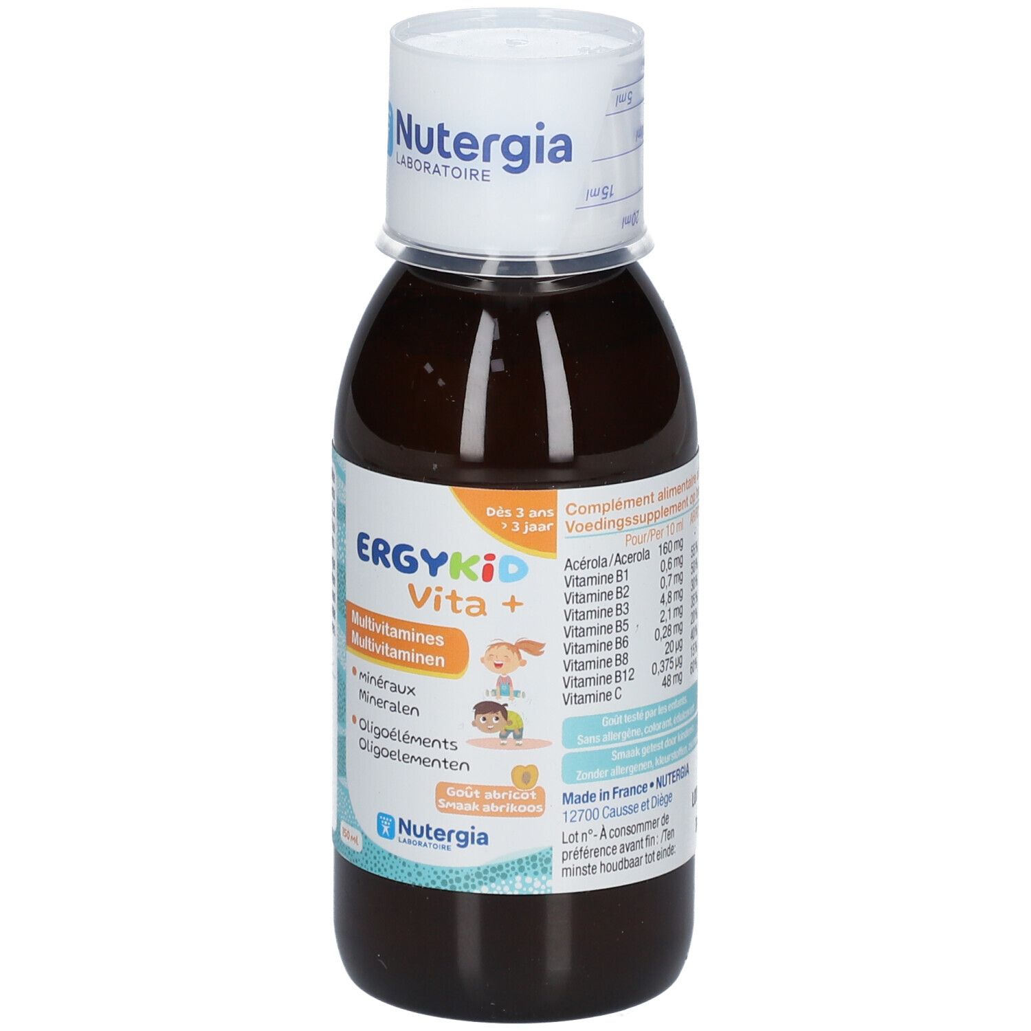 Flacon brun avec bouchon blanc. Inscription : ERGYKID Vita+ Multivitamines. Marque : Nutergia. Ingrédients.