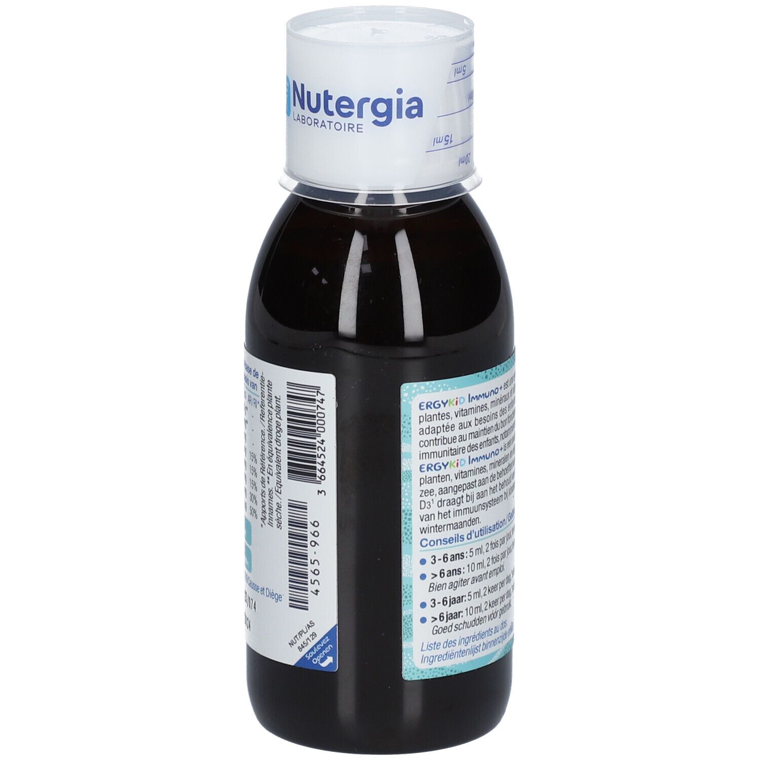 Flacon avec étiquette. Contient des informations sur les ingrédients et le dosage. Avec code-barres.