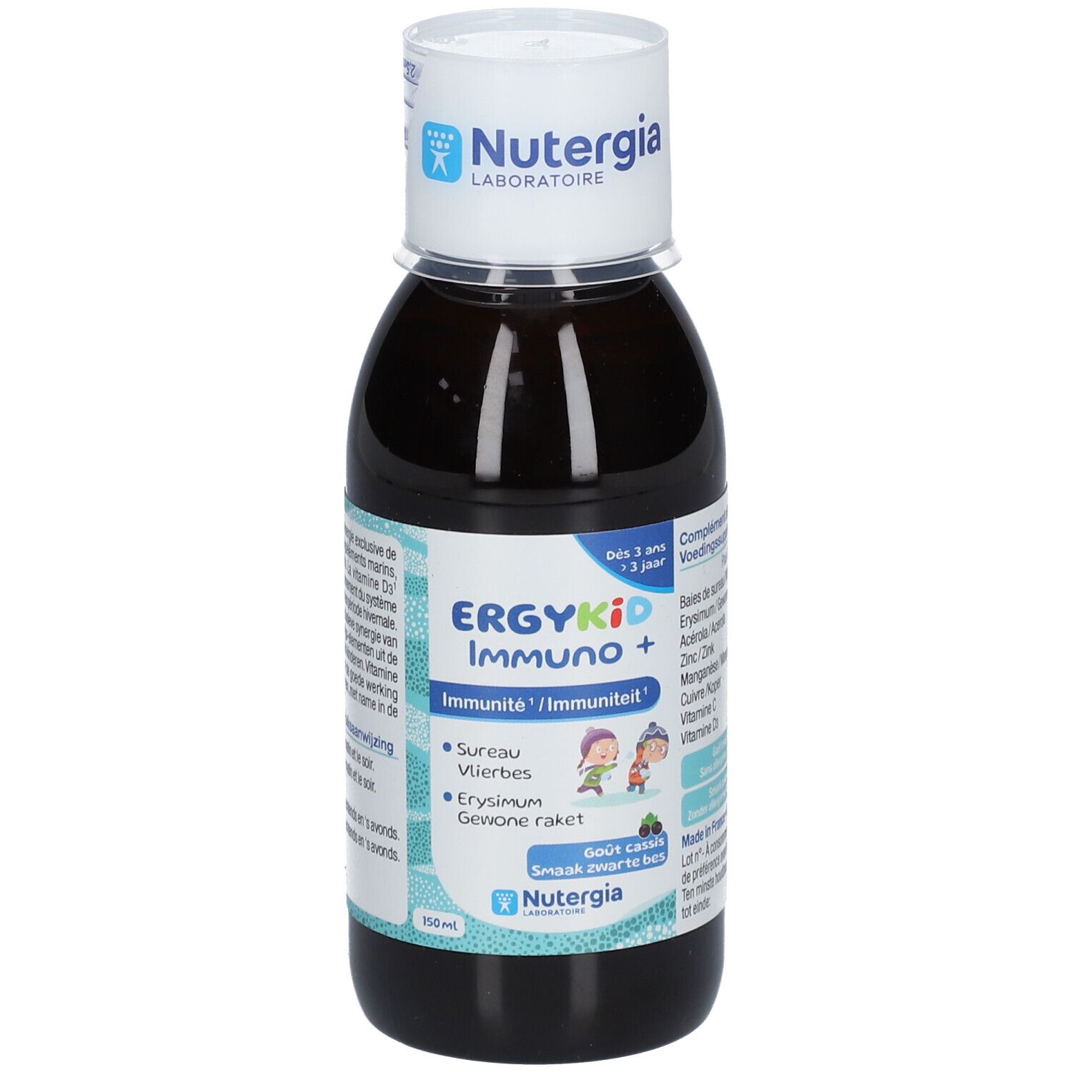 Flacon brun avec bouchon blanc. Inscription: ERGYKID Immuno+. Contient du sureau, acérola, zinc, manganèse, cuivre, vitamine C, vitamine D.