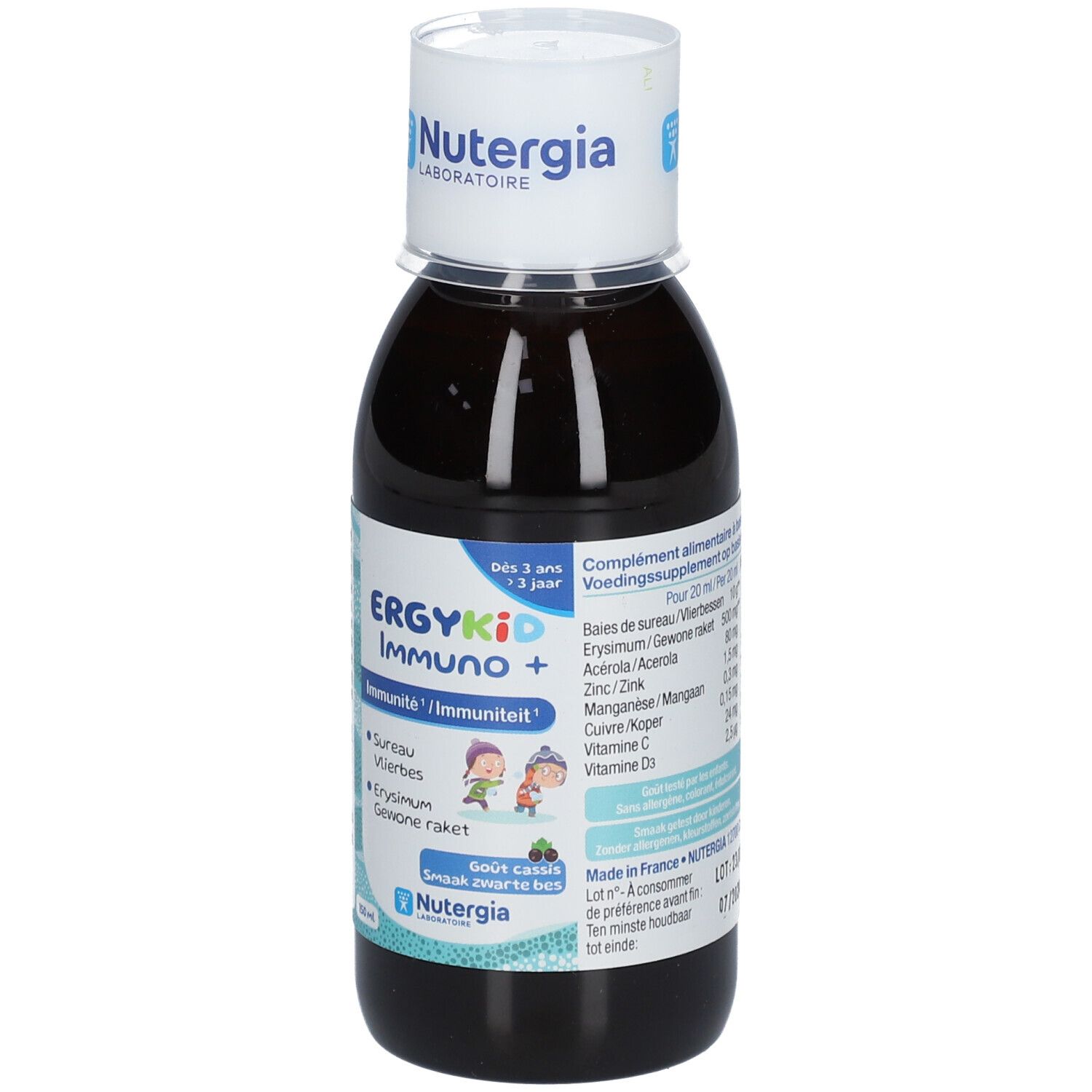 Flacon brun avec bouchon blanc. Inscription: ERGYKID Immuno+. Contient du sureau, acérola, zinc, manganèse, cuivre, vitamine C, vitamine D.