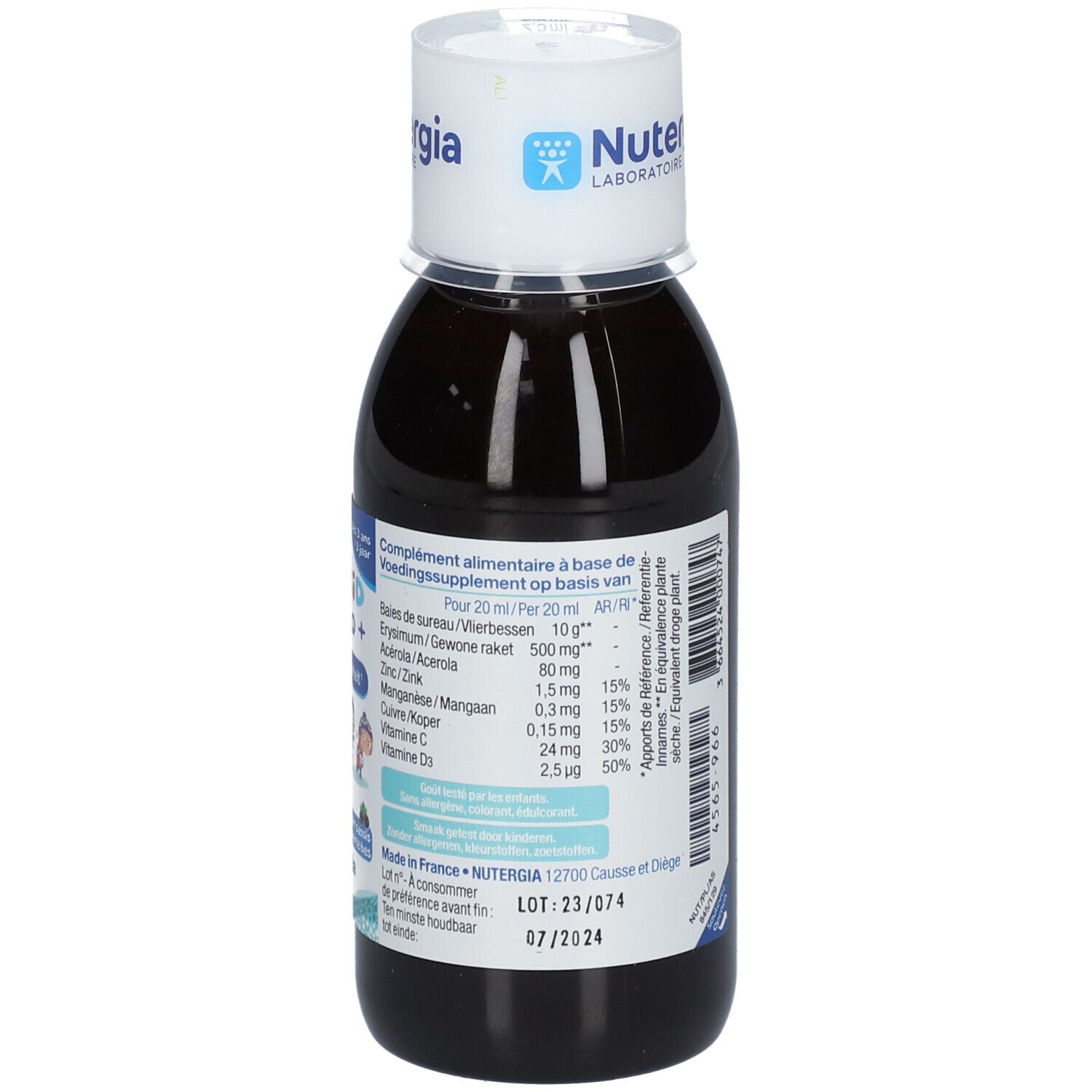 Flacon avec informations sur les ingrédients. Contient des informations sur les vitamines et minéraux. Avec date de production.