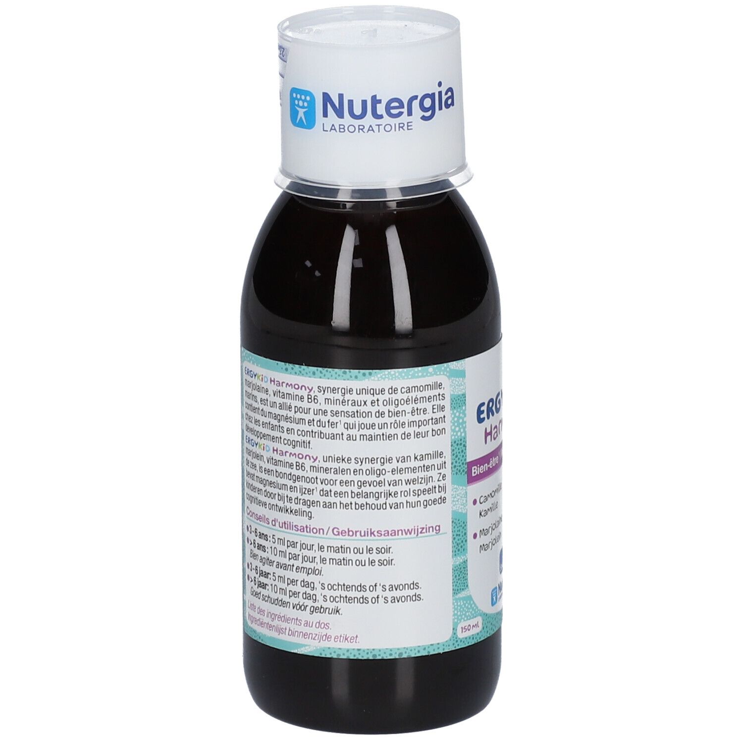 Bouteille de liquide brun avec bouchon blanc. Texte : ERGYKID Harmony, NUTERGIA. Inscription : 10 ml par jour, matin ou soir.