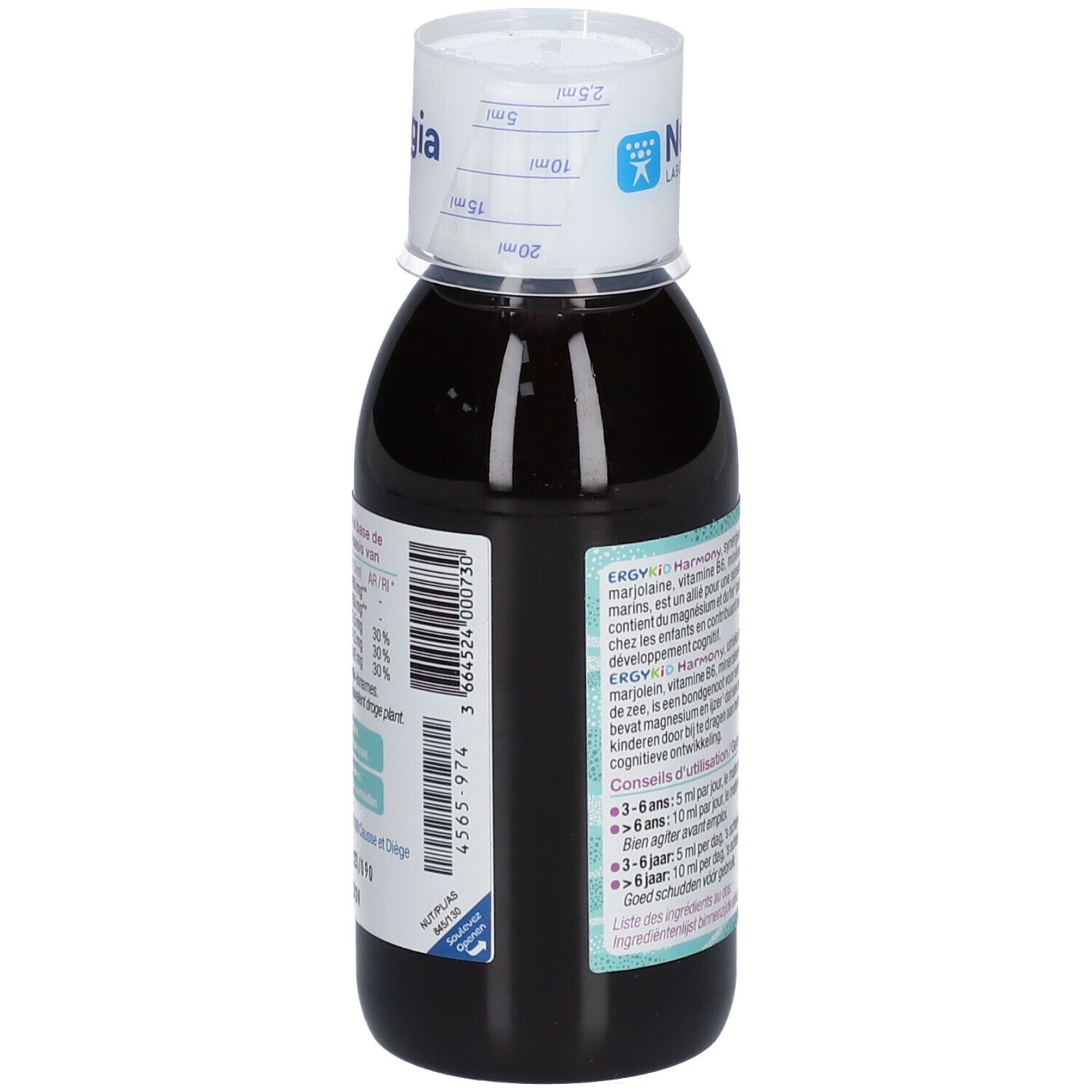 Bouteille de liquide brun avec bouchon blanc. Inscription : ERGYKID Harmony, NUTERGIA. Dosage sur le bouchon.
