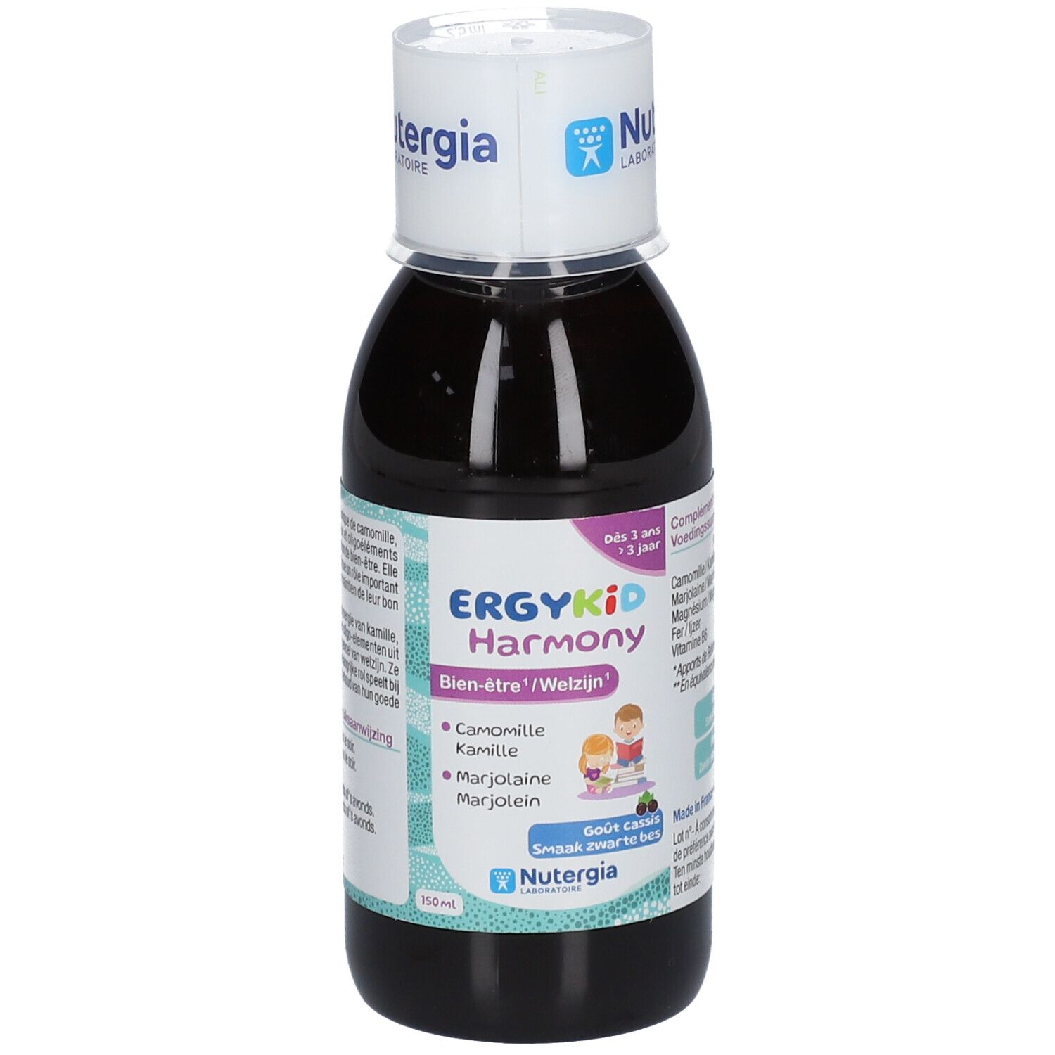 Flacon de liquide brun avec bouchon blanc. Inscription : ERGYKID Harmony, Bien-être/Welzijn. NUTERGIA.