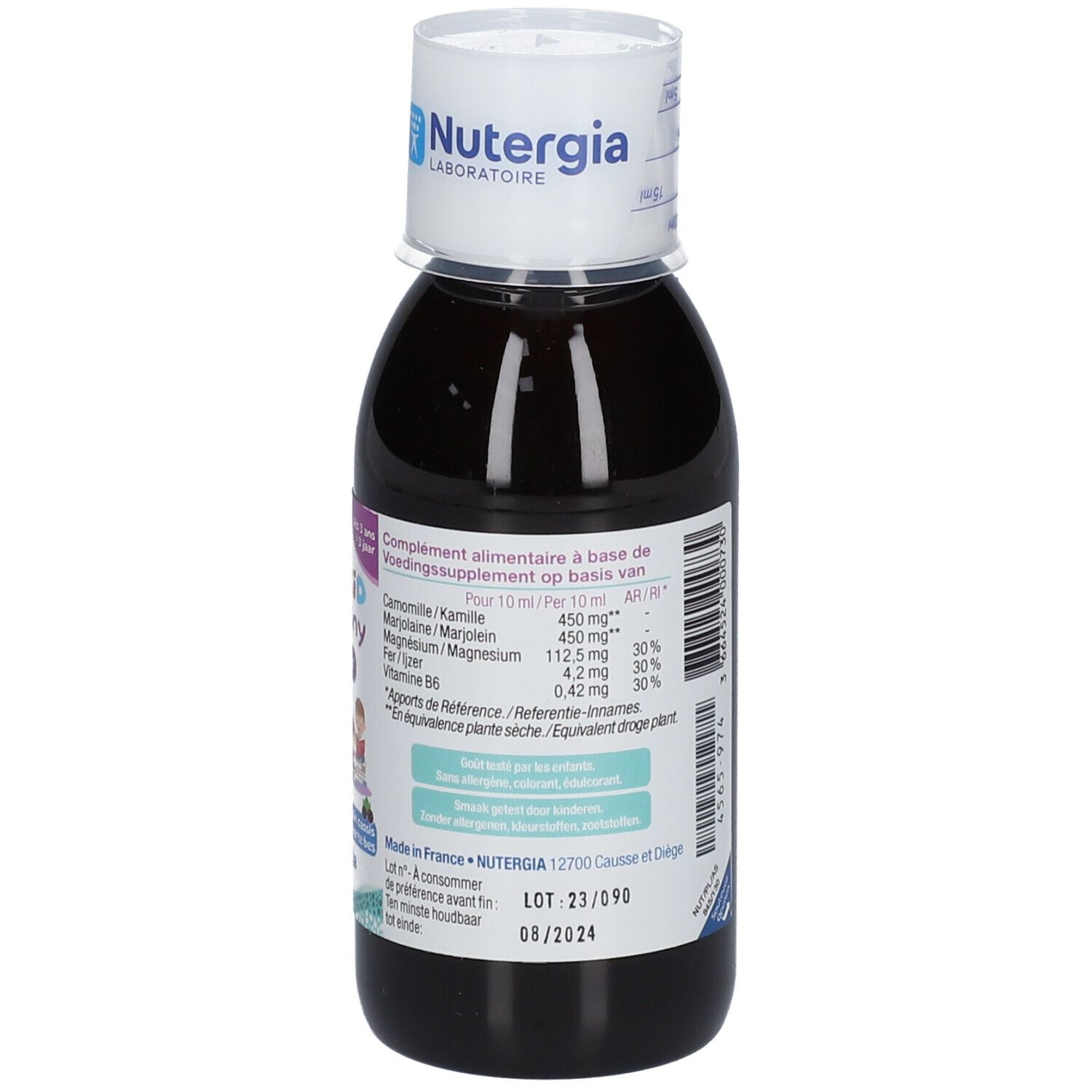 Bouteille de liquide brun avec bouchon blanc. Inscription : ERGYKID Harmony, NUTERGIA. Ingrédients et informations nutritionnelles.