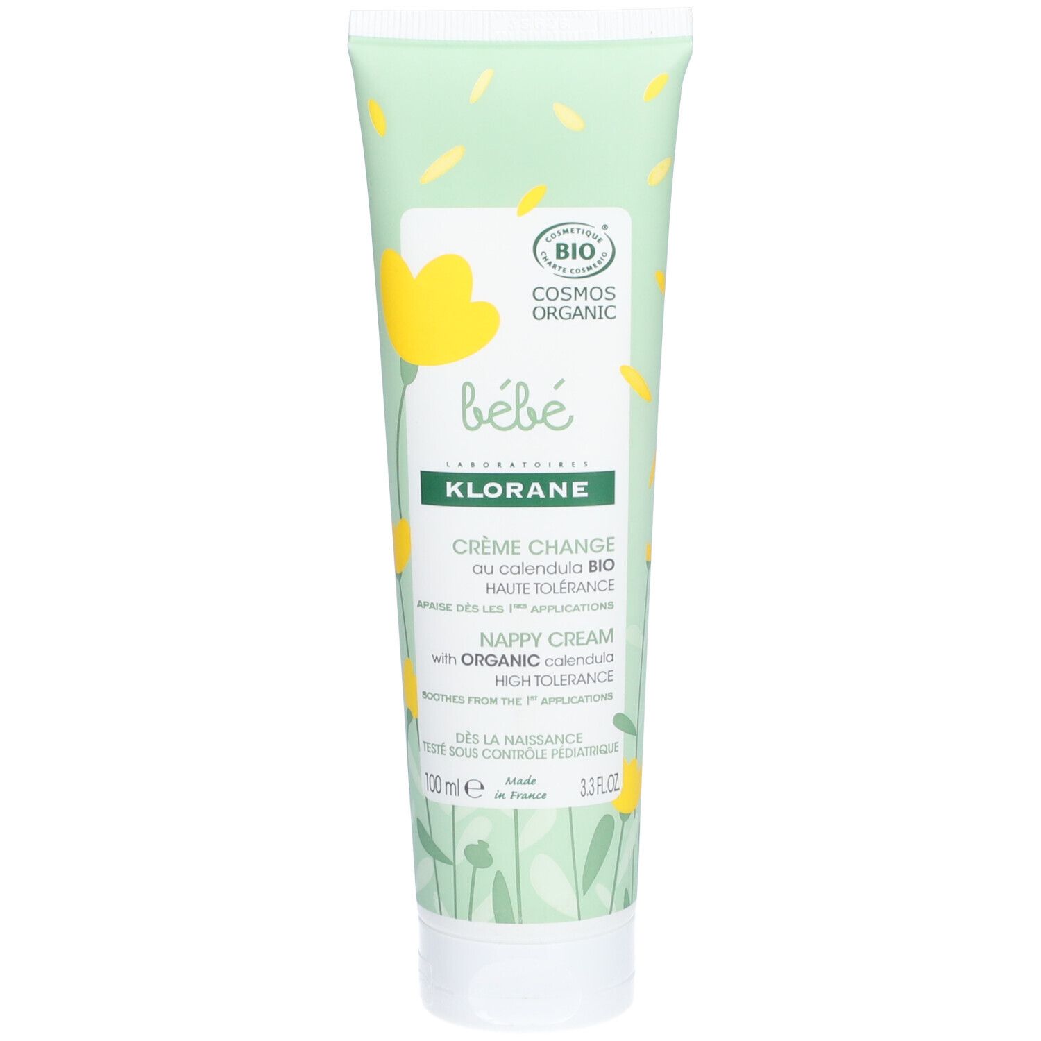 Tube de crème Klorane Bébé. Inscription: Crème Change au calendula BIO, Cosmos Organic. Emballage vert et jaune.