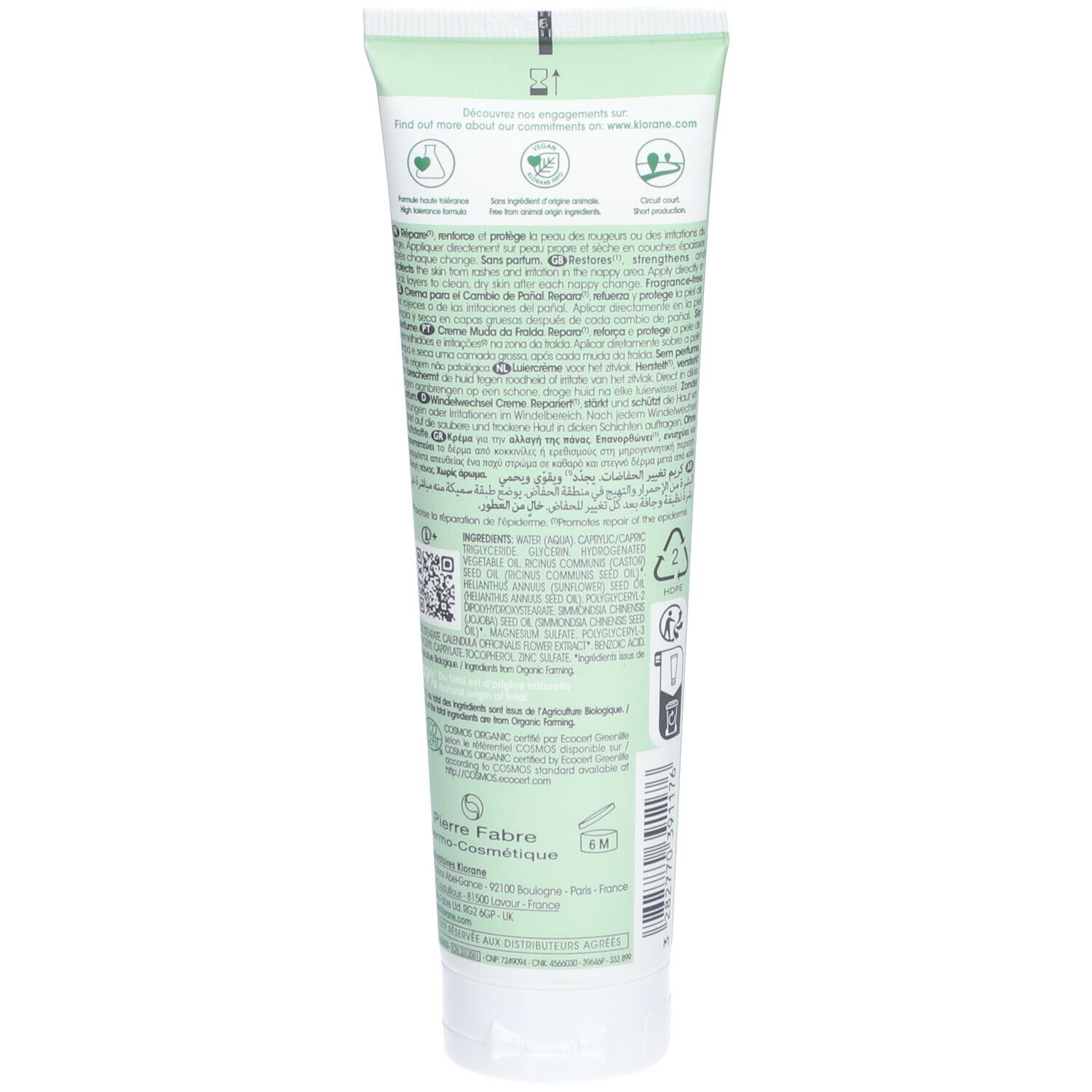 Dos d'un tube de crème. Texte multilingue. Ingrédients, logos et code QR visibles.