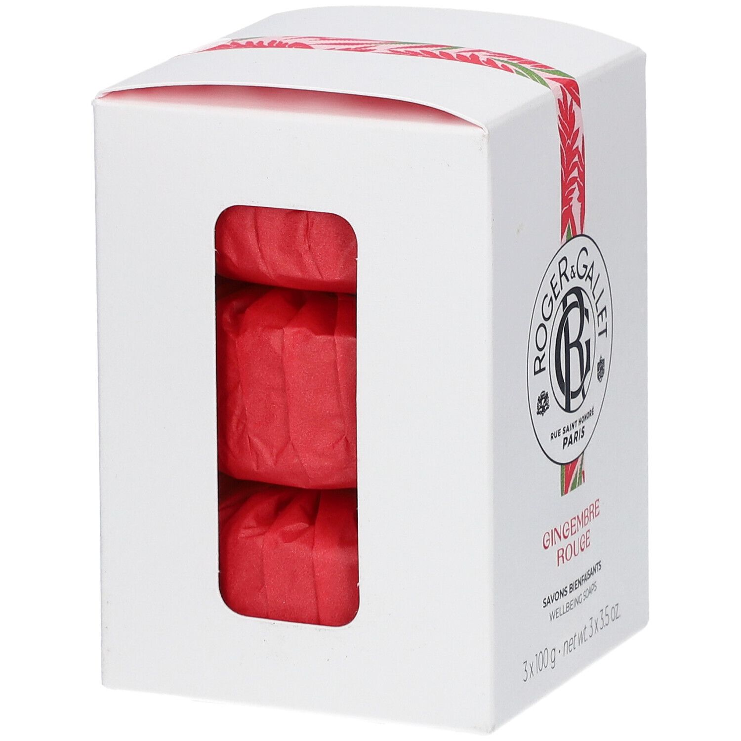 Weiße Schachtel mit drei roten Seifen. Logo Roger & Gallet. Aufschrift: Gingembre Rouge, Savons bienfaisants.
