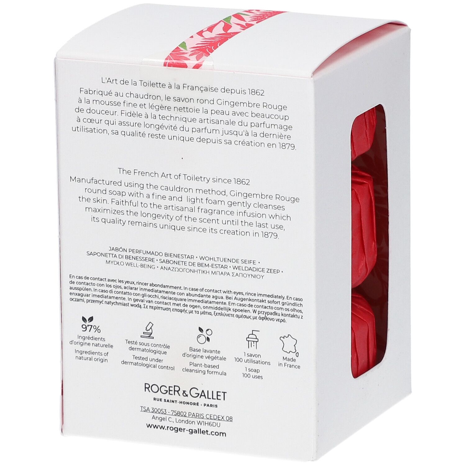 Rückseite der weißen Schachtel mit Text. Logo Roger & Gallet. Aufschrift: Gingembre Rouge, Savons bienfaisants. Inhaltsstoffe.
