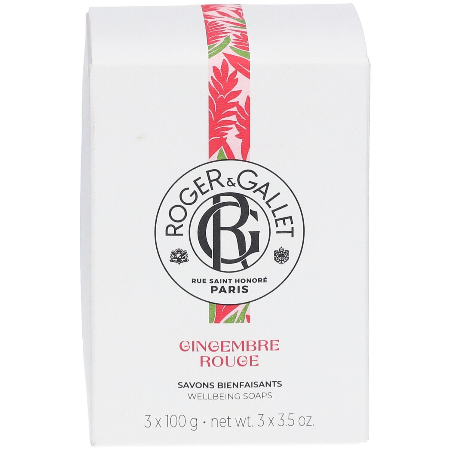 Weiße Schachtel mit Logo Roger & Gallet. Aufschrift: Gingembre Rouge, Savons bienfaisants. 3 Seifen.