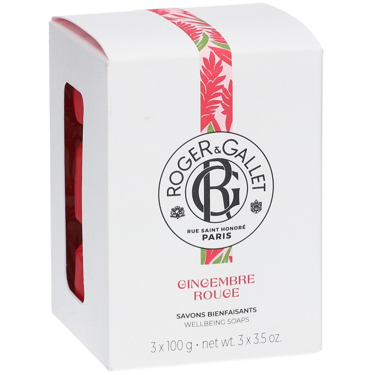 Weiße Schachtel mit drei roten Seifen. Logo Roger & Gallet. Aufschrift: Gingembre Rouge, Savons bienfaisants.