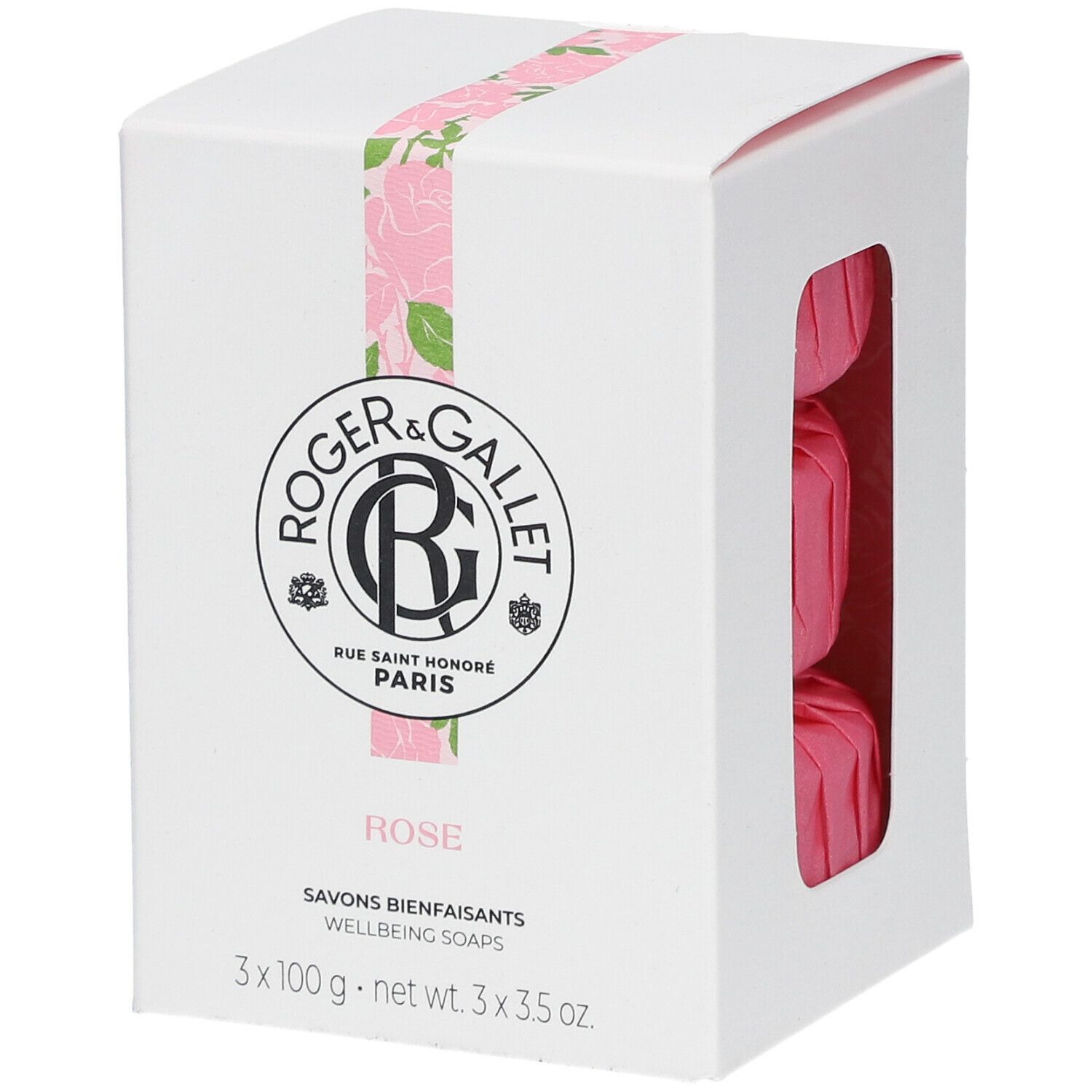 Boîte blanche avec logo et nom du produit ROSE. Fenêtre montrant trois savons roses. Emballage à motifs de roses.