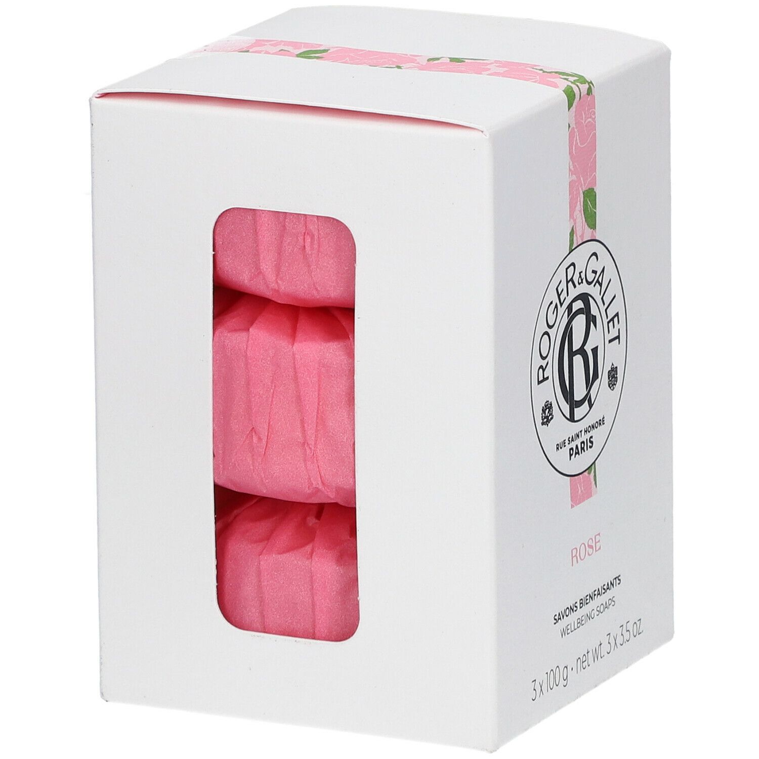 Boîte blanche avec logo et nom du produit ROSE. Fenêtre montrant trois savons roses. Emballage à motifs de roses.